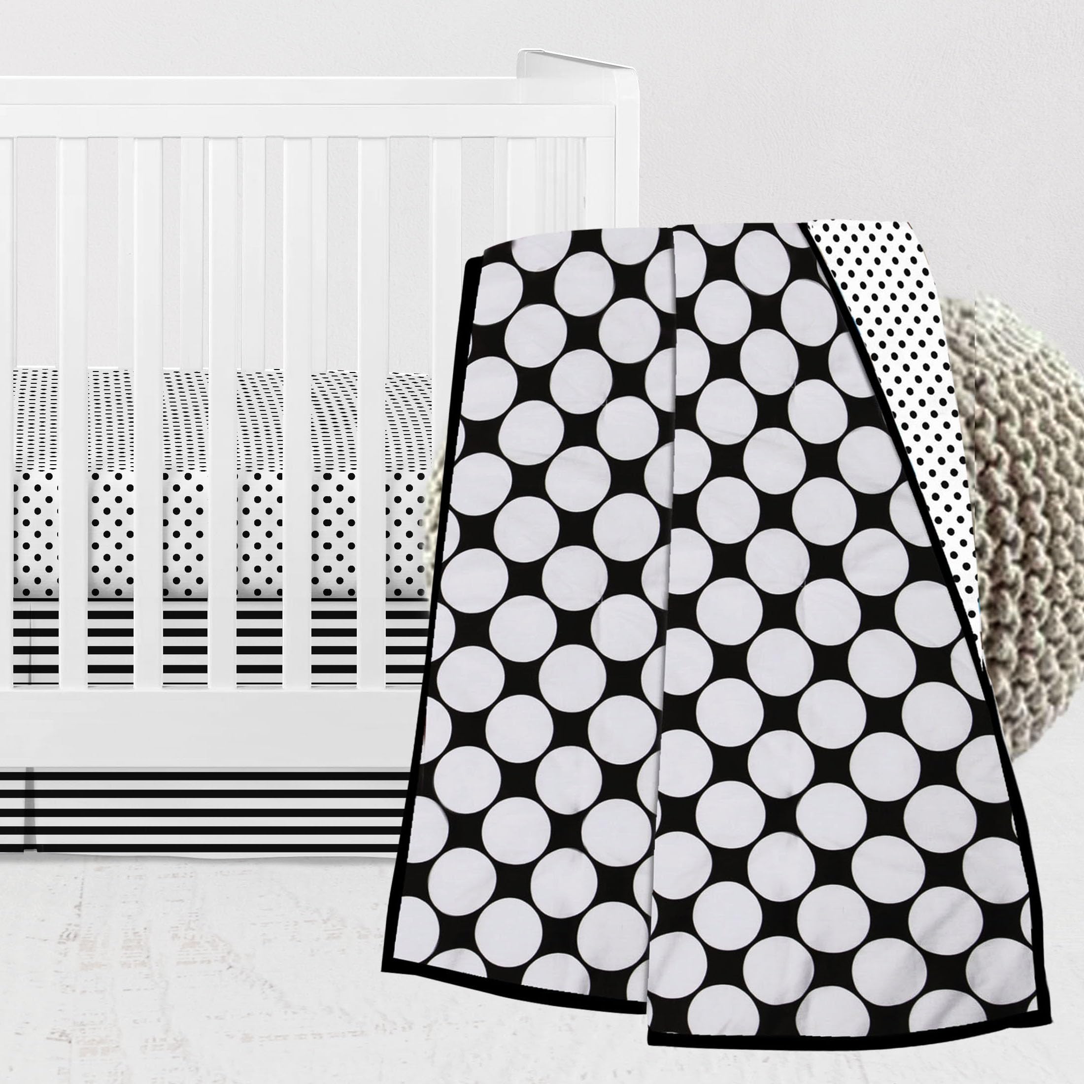 Bacati - Dots Pin Stripes Black/White Unisex 3-Piece Crib Bedding Set