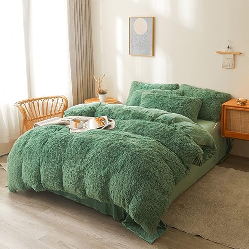 Miniatura 2 de FOPPA Juego de funda de edredón de felpa verde tamaño Queen, juego de ropa de cama de pelo sintético ultra suave de 3 piezas (1 funda de edredón