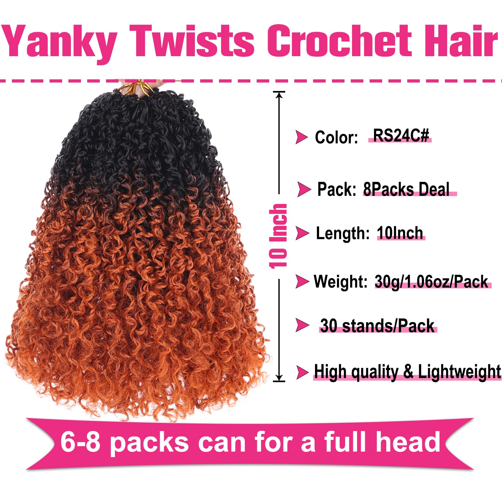 Unionbeauty RS24C# - Pelo de ganchillo pretrenzado de 10 pulgadas, 8 paquetes de pelo corto de ganchillo preenrollado con micro resorte, trenzas de ganchillo sintéticas