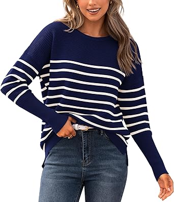 BTFBM Fall Sweaters for Women 2025 Casual Long Sleeve Sweater Striped Loose Fit Pullover Tops