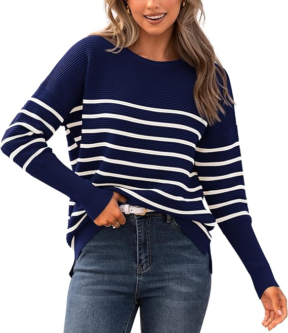 BTFBM Fall Sweaters for Women 2025 Casual Long Sleeve Sweater Striped Loose Fit Pullover Tops