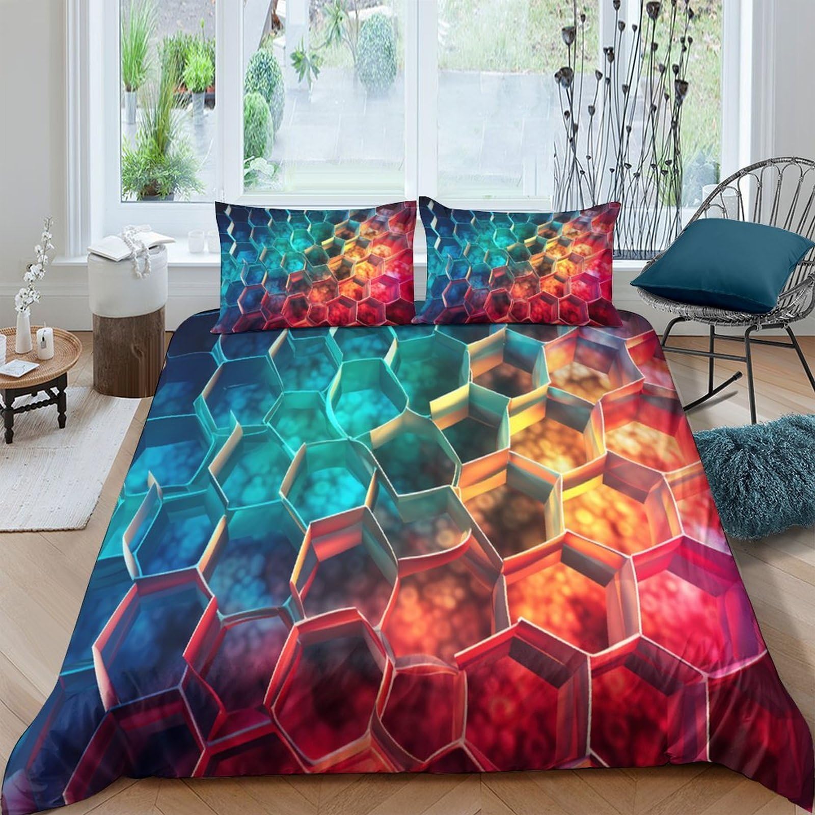 Ctjqhvkz Style-7 3D Printed Rainbow Hexagon Fitted Sheet Microfiber Soft Mattress Cover For Bedroom Guest Room Decor Protection Single（135X200cm）