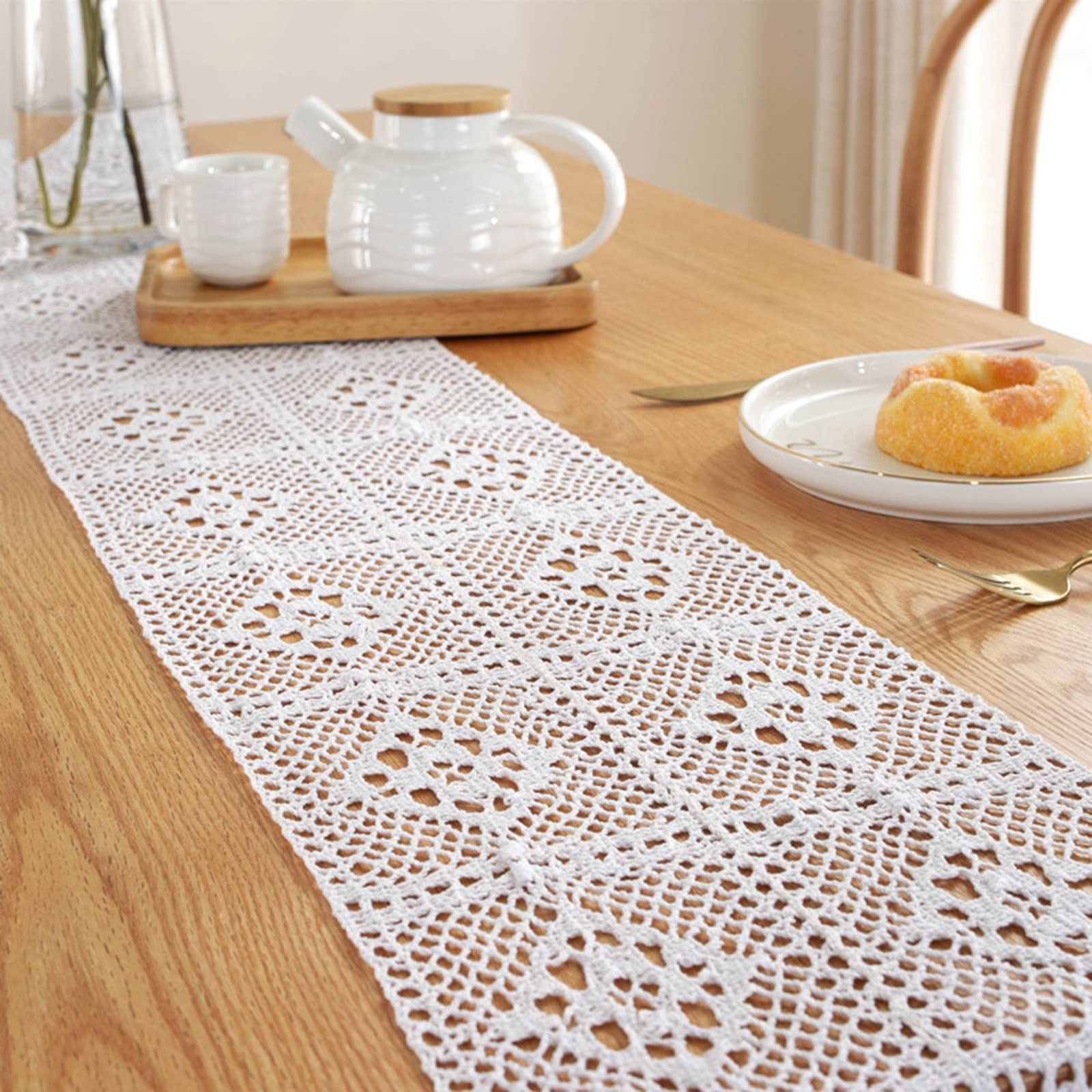 WXKAGF Runner da Tavolo Spring Modern Runner da Tavolo a griglia Cava Bianco Un eyecatcher in Primavera Estate Runner da Tavolo in Cotone 24 x 300 cm