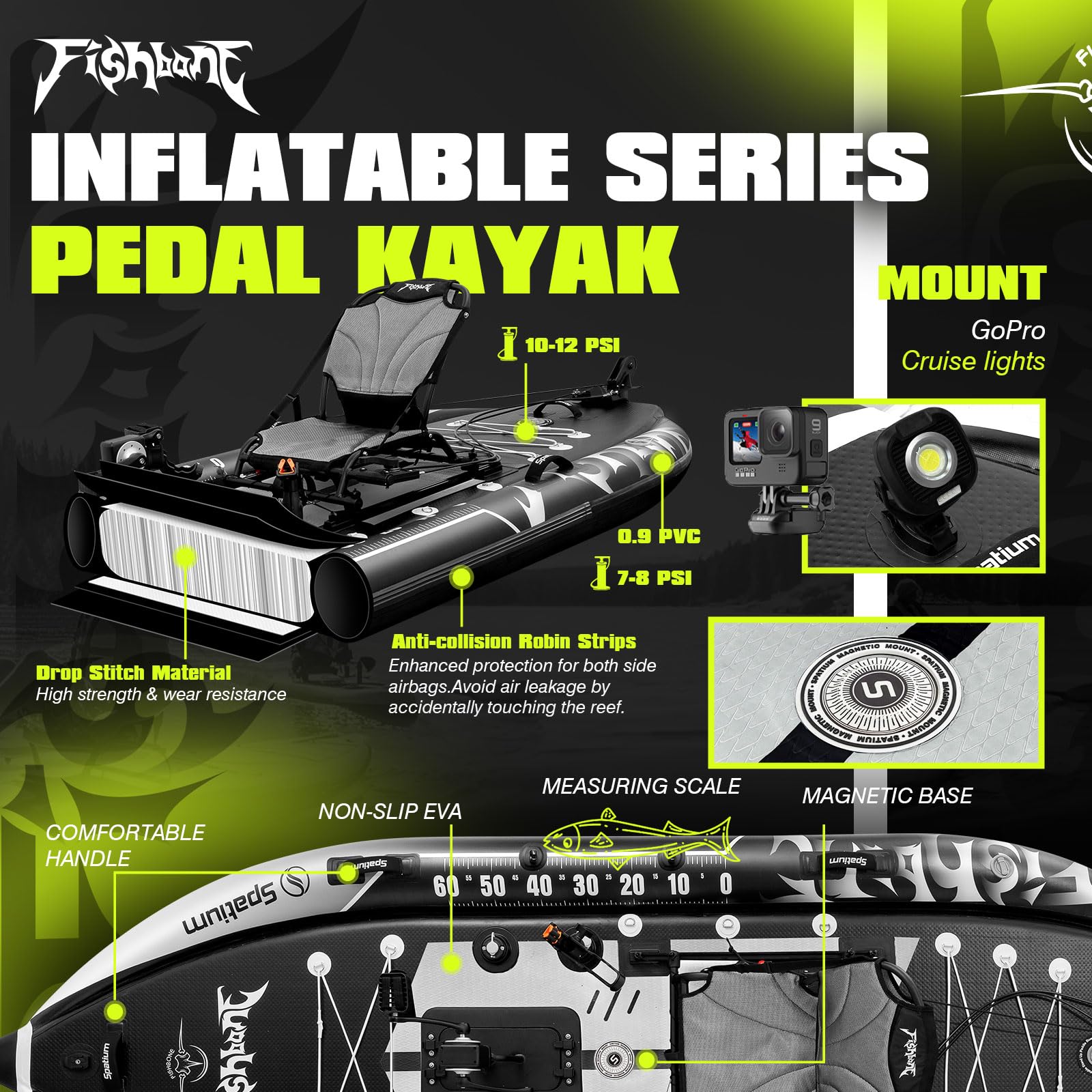 Spatium Angelpedal, aufblasbares Kajak, aufblasbares Pedalboot, zum Sitzen auf der Oberseite, für Angeln, Kajak, Einpersonen-Boot, Stand-Up-Pedal, Kajak für Erwachsene, geeignet für Flüsse, Ozeane
