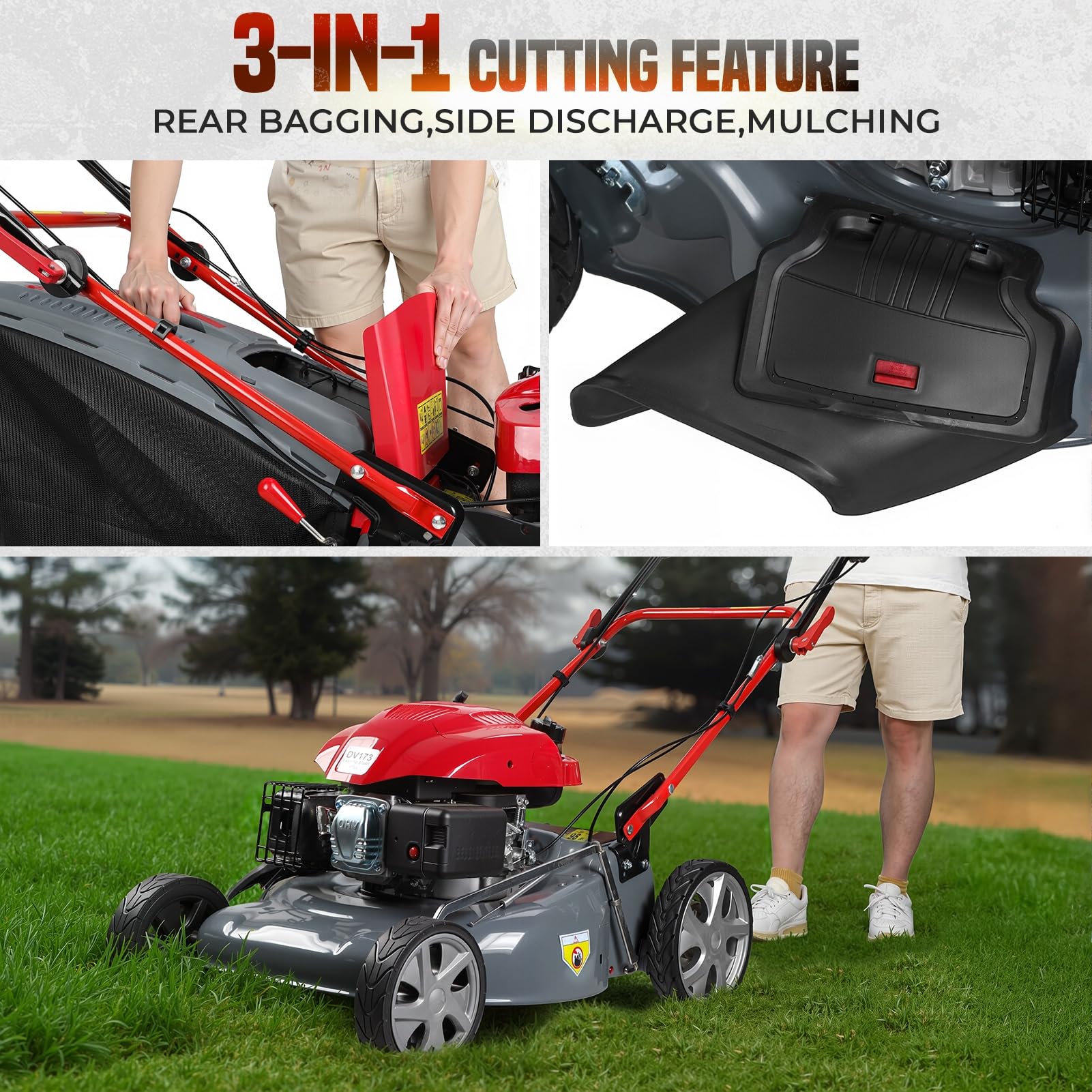 Cortacésped autopropulsado plegable de 19 pulgadas, cortacésped de gas 3 en 1 con motor de 4 ciclos de 131 cc, embolsado, mantillo y descarga lateral, altura de corte ajustable de 8 posiciones, fácil