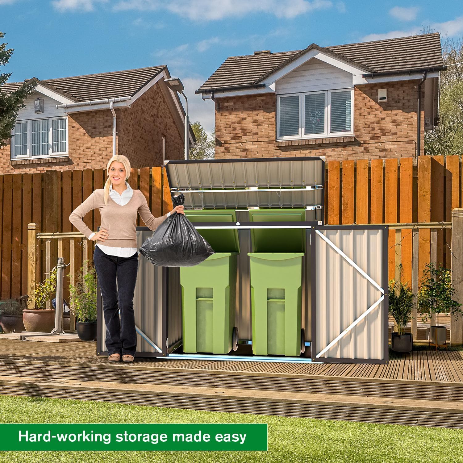 U-MAX Outdoor Trash Can Storage, Outdoor Garbage Bike Storage Shed, Horizontal Cabinet Waterproof, Brown Garbage Can Bicycle Sheds & Storage Clearance, Brown - 2