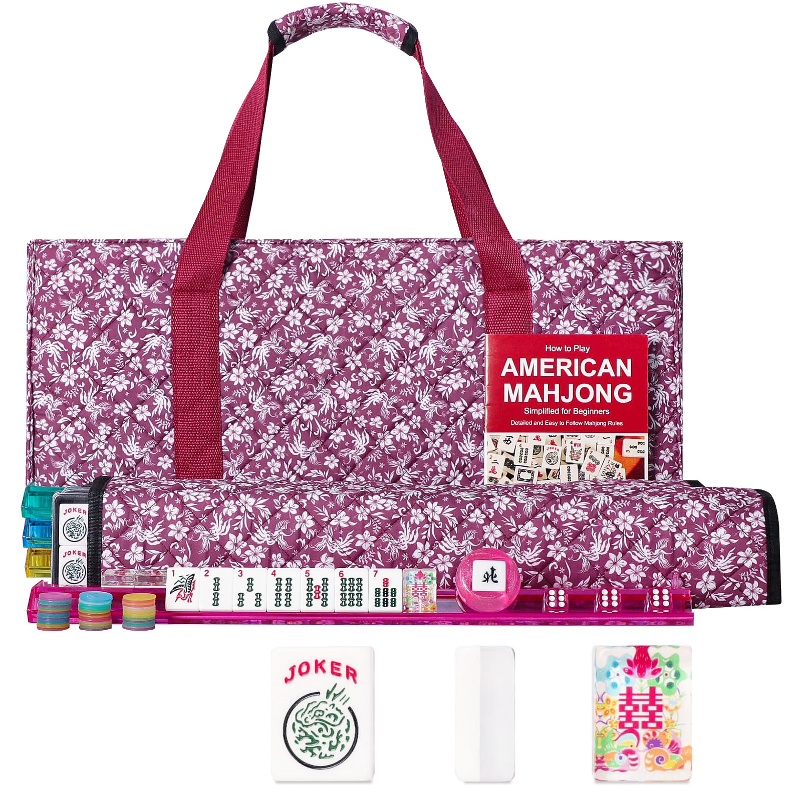 GUSTARIA American Mahjong Tile Set, 166 Acrylic Mahjong Tiles, 4 All-in-One Color Rack/Pushers, Complete Mahjong Game Set with Red Printed Carrying