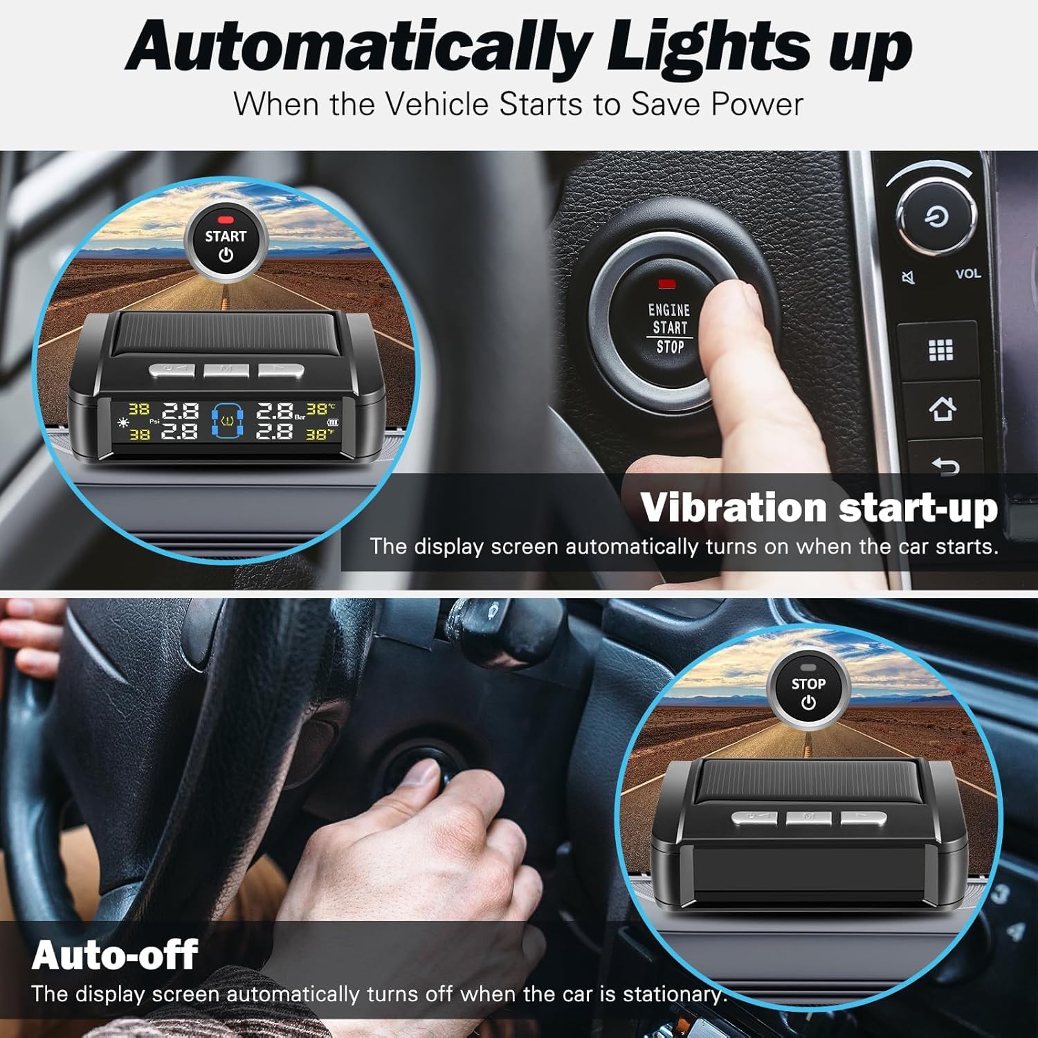 TPMS - Sistema di controllo della pressione degli pneumatici, 4 x sensore di pressione degli pneumatici, senza fili, a energia solare, USB, con display LCD, gamma di pressione: 0-6 bar, per
