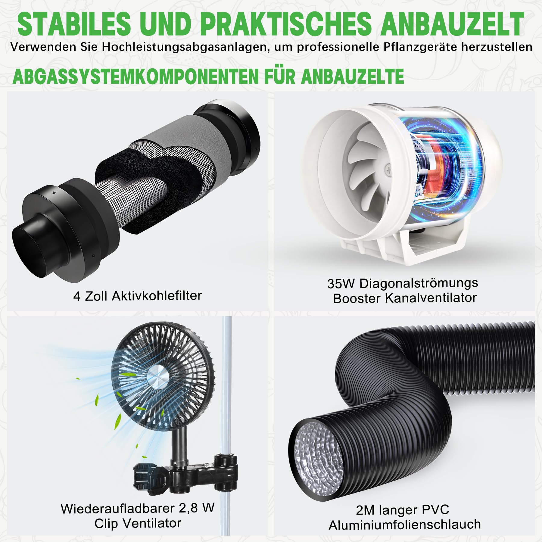 Growzelt Komplettset 200W LED Grow Lampe Vollspektrum 120x60x180cm Hydroponics Growing Tent Kit Belüftungssystem