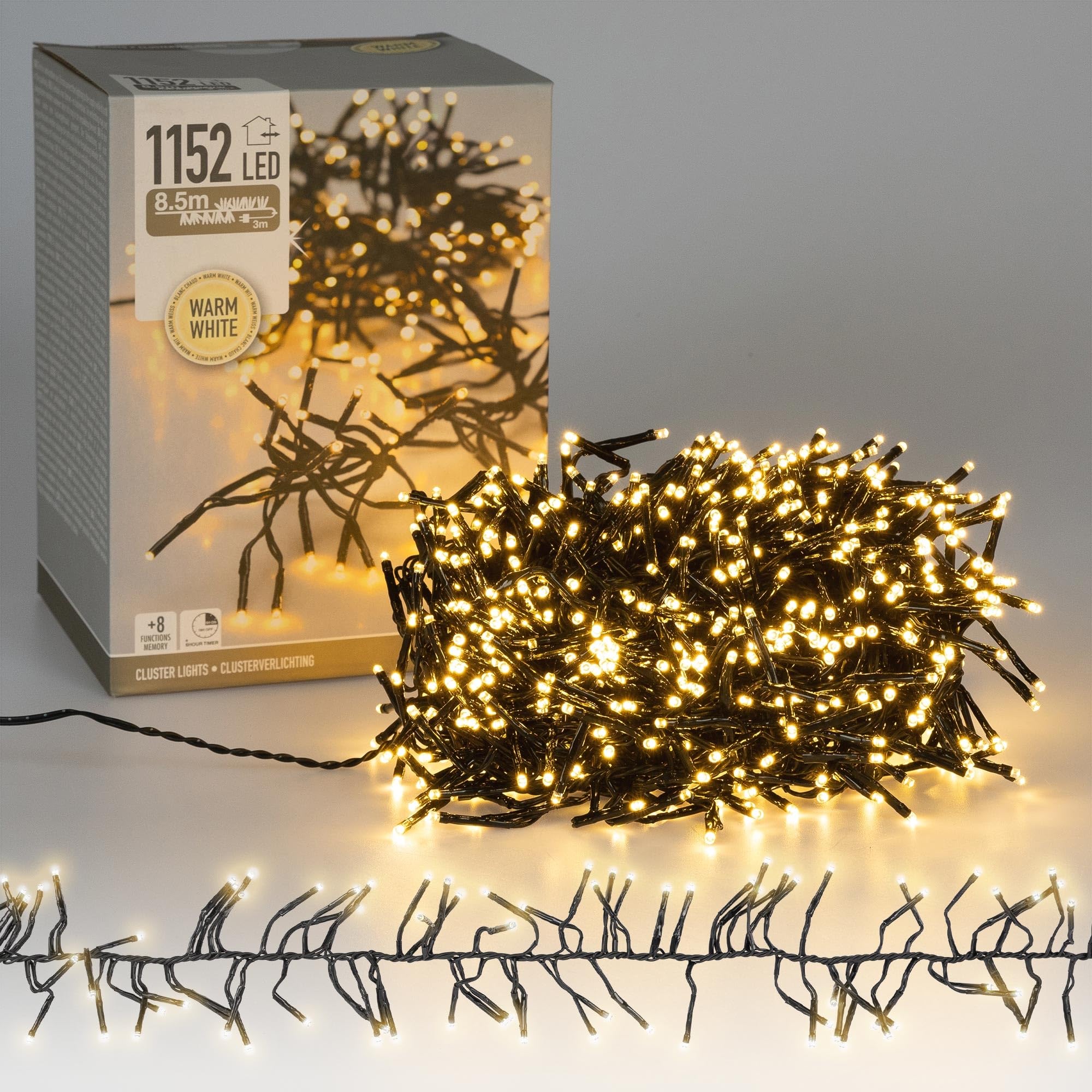 ECD Germany Catena Luminosa Grappolo 8,5m 1152 LED Bianco Caldo con Timer e 8 Modalità di Illuminazione Alimentazione a Rete IP44 Luci Cluster per Albero Natale Interno Esterno Lucine Decorative Patio