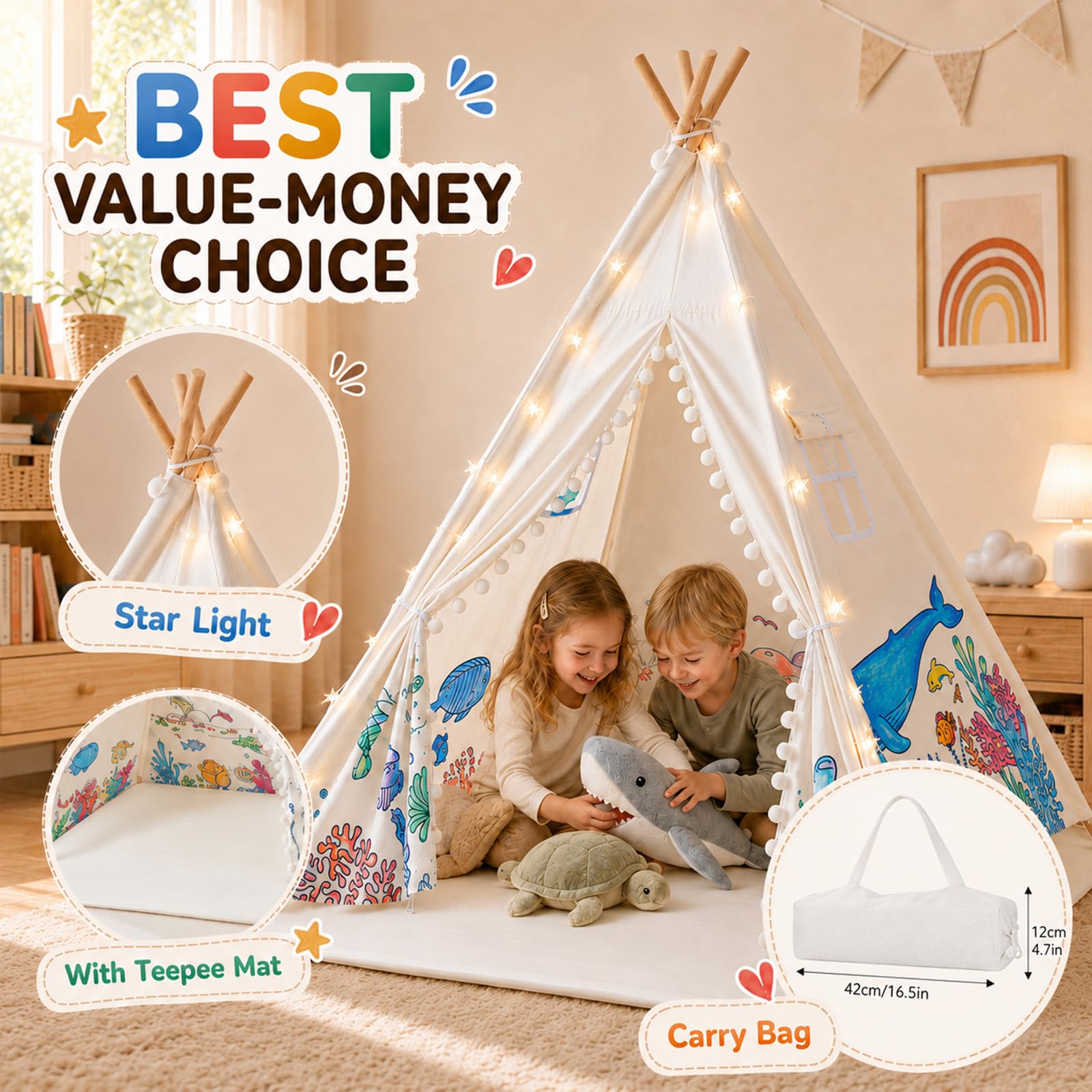 DIY Tipi Zelt für Kinder Indoor mit 12 Pinsel+Lichterkette+Tasche, 120x160cm Waschbar Kinder Zelt Tipi Zelt Kinderzimmer für Mädchen & Jungen – Malen, Spielen & Entspannen im Kinderzimmer