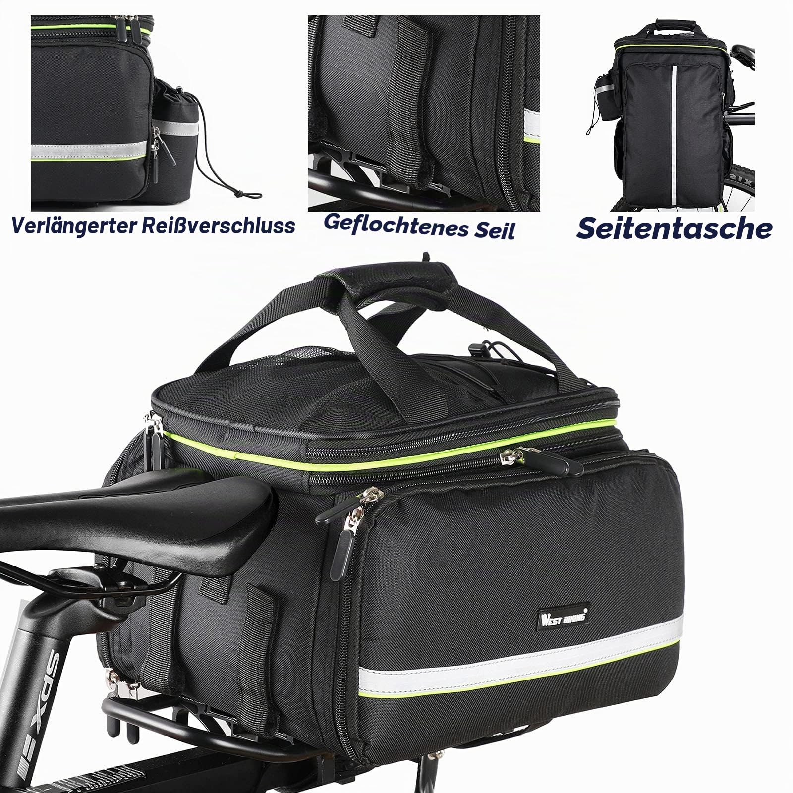 UBORSE 3in1 Fahrradtasche für Gepäckträger 35L Wasserdicht Fahrrad Gepäckträgertasche Reflektierend Hinter Gepäcktasche Skalierbare Fahrrad-Rücksitztasche mit Flaschentasche (schwarz)