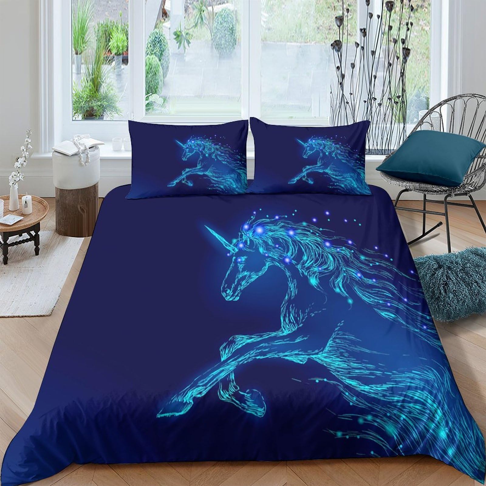 Ctjqhvkz Style-3 3D Printed Blue Luminous Unicorn Fitted Sheet Microfiber Soft Bedroom Decor Fantasy Horse Mattress Cover Single（135X200cm）