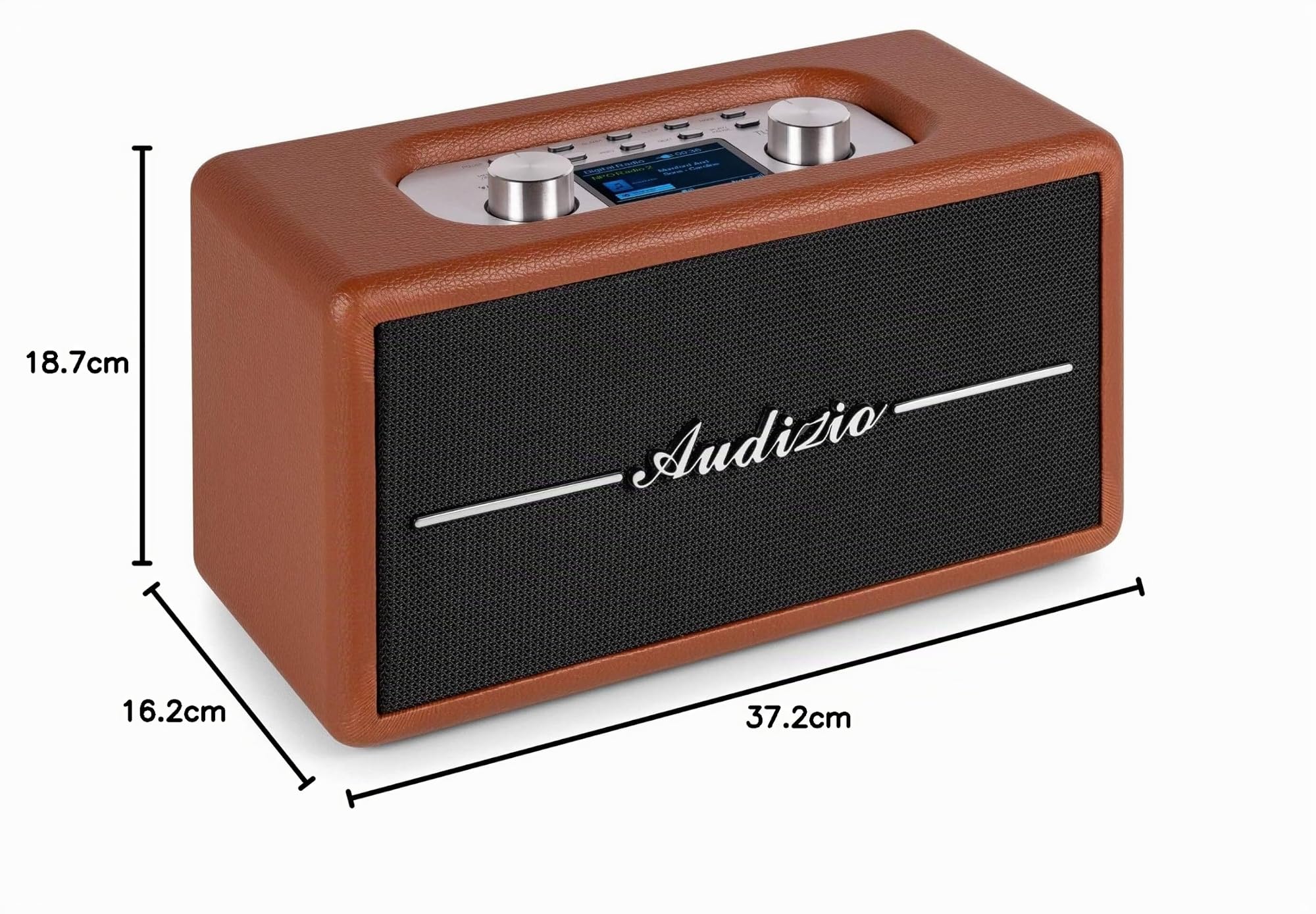Audizio Tune60 Enceinte Rétro sans Fil 30W Bluetooth, Marron, Radio FM et Dab+, Batterie Optionnelle, Entrée AUX et USB, Fonction Alarme et Minuterie, Design Vintage Élégant