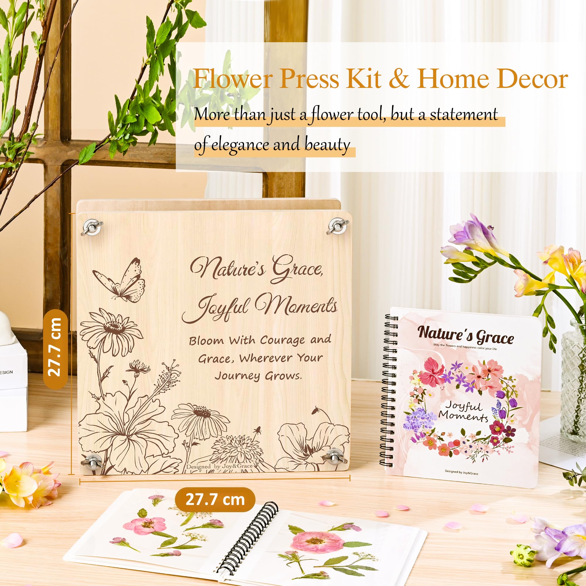 Joy&Grace Großes Blumenpresse Set 27,7 x 27,7 cm für Erwachsene, 10-lagige Pflanzenpresse mit Cover, DIY Blumenpressen Album & Trocken-Toolkit zur Blumenaufbewahrung (Geschenkbox, Naturholz)