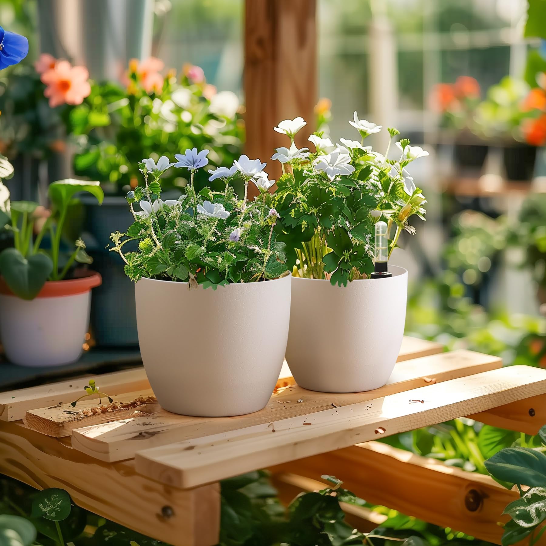 T4U 15cm Selbstwässernder Blumentopf mit Wasseranzeiger Weiß Blumentopf Set 4er-Set, Selbstbewässerung Wasserspeicher Pflanzgefäß Übertopf für Innen- und Außenbereich