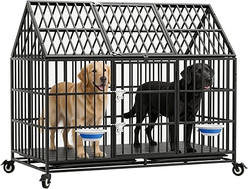 Jaula grande de 54 pulgadas para perros con 2 cuencos, perrera indestructible para mascotas con 4 ruedas con cerradura y 2 bandejas, jaula