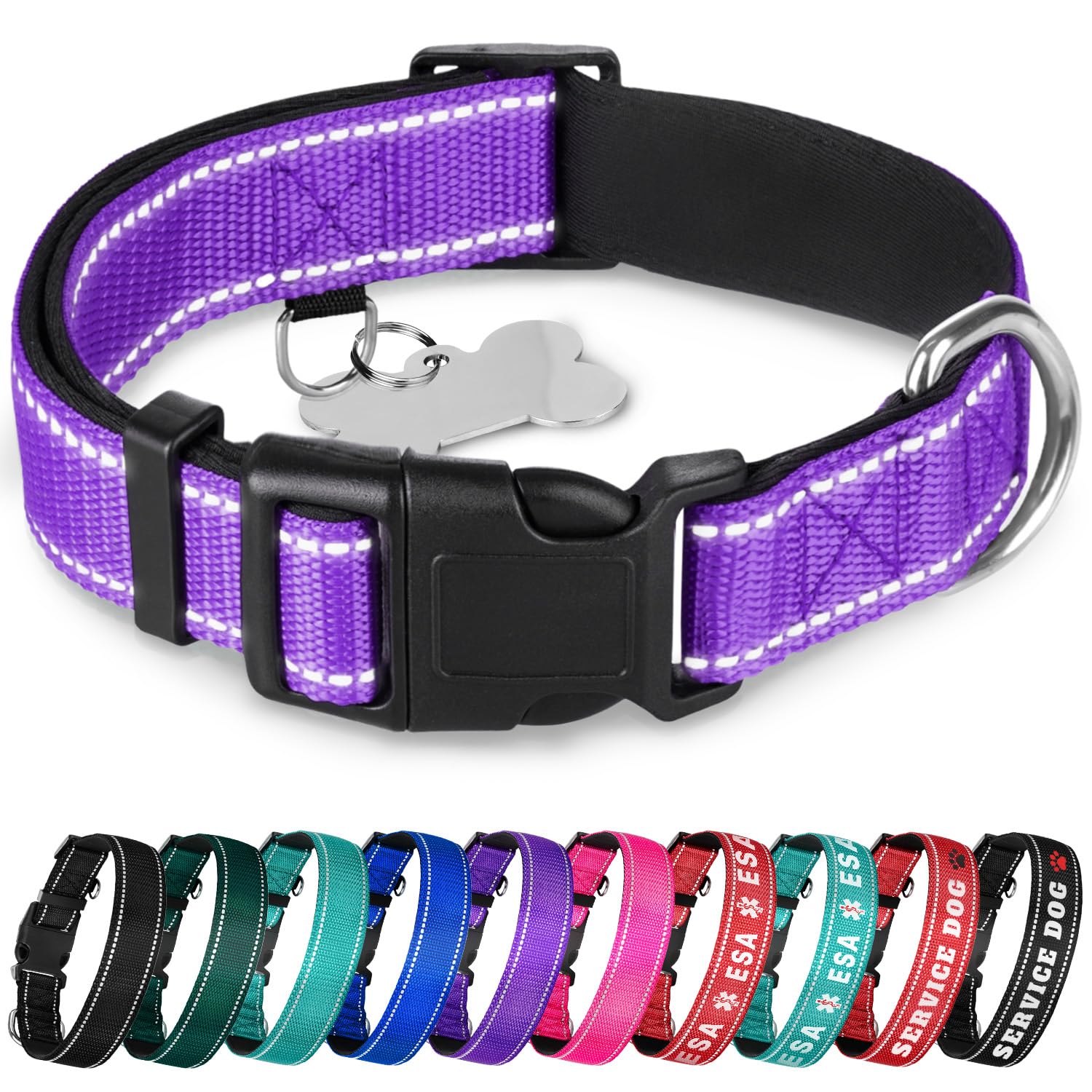 TECEUM Reflective Dog Collar – Purple – XXS – Extra Soft Padding – Basic Nylon Pet Collar – Quick Release Buckle – Fits Small, Medium and Large Dogs, Puppies, Cats