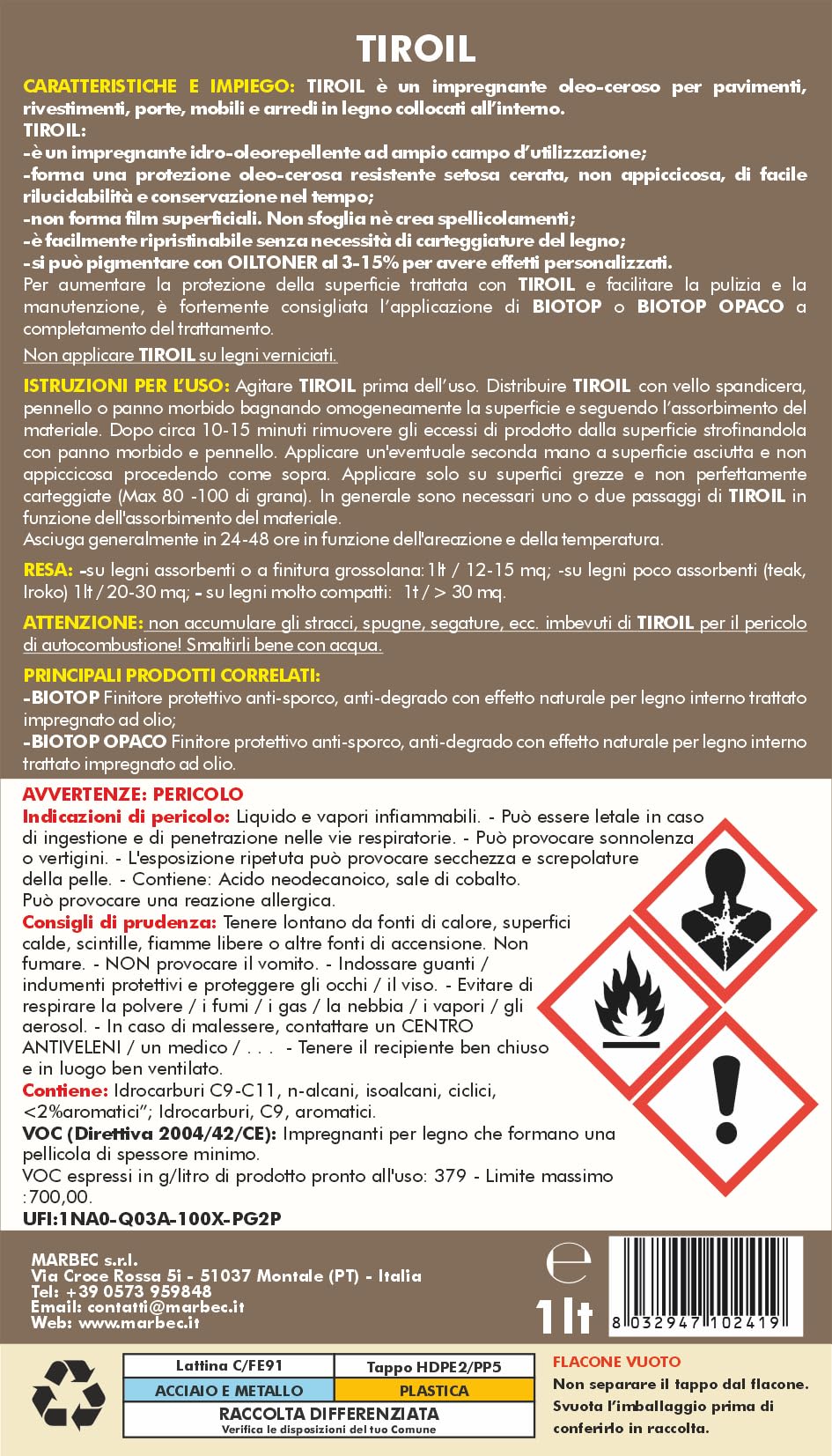 MARBEC TIROIL 1LT Impregnante oleo-ceroso per legno interno