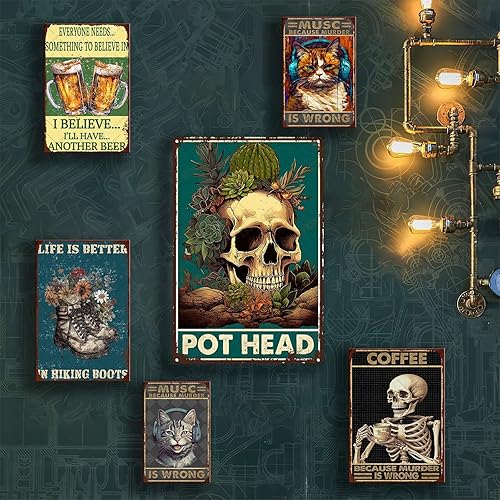 Miniatura 5 de Letrero de metal de hojalata con cactus y cráneo, cabeza de maceta, decoración de pared, letrero de metal de 8 x 12 pulgadas