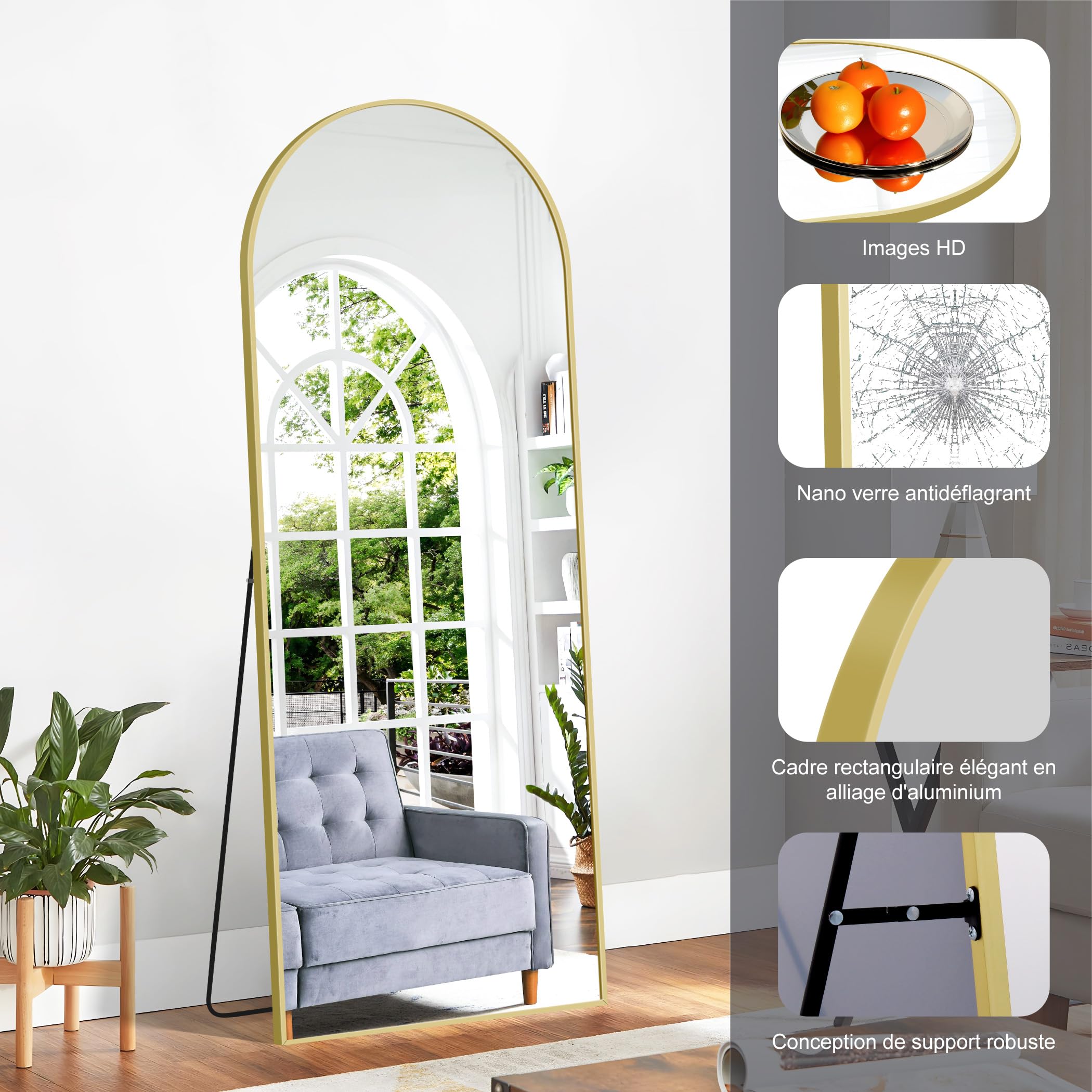Grand Miroir Pleine Longueur Sur Pied Bombé 165x60 Cm – Verre Trempé HD, Cadre Aluminium Noir, 3 Positions
