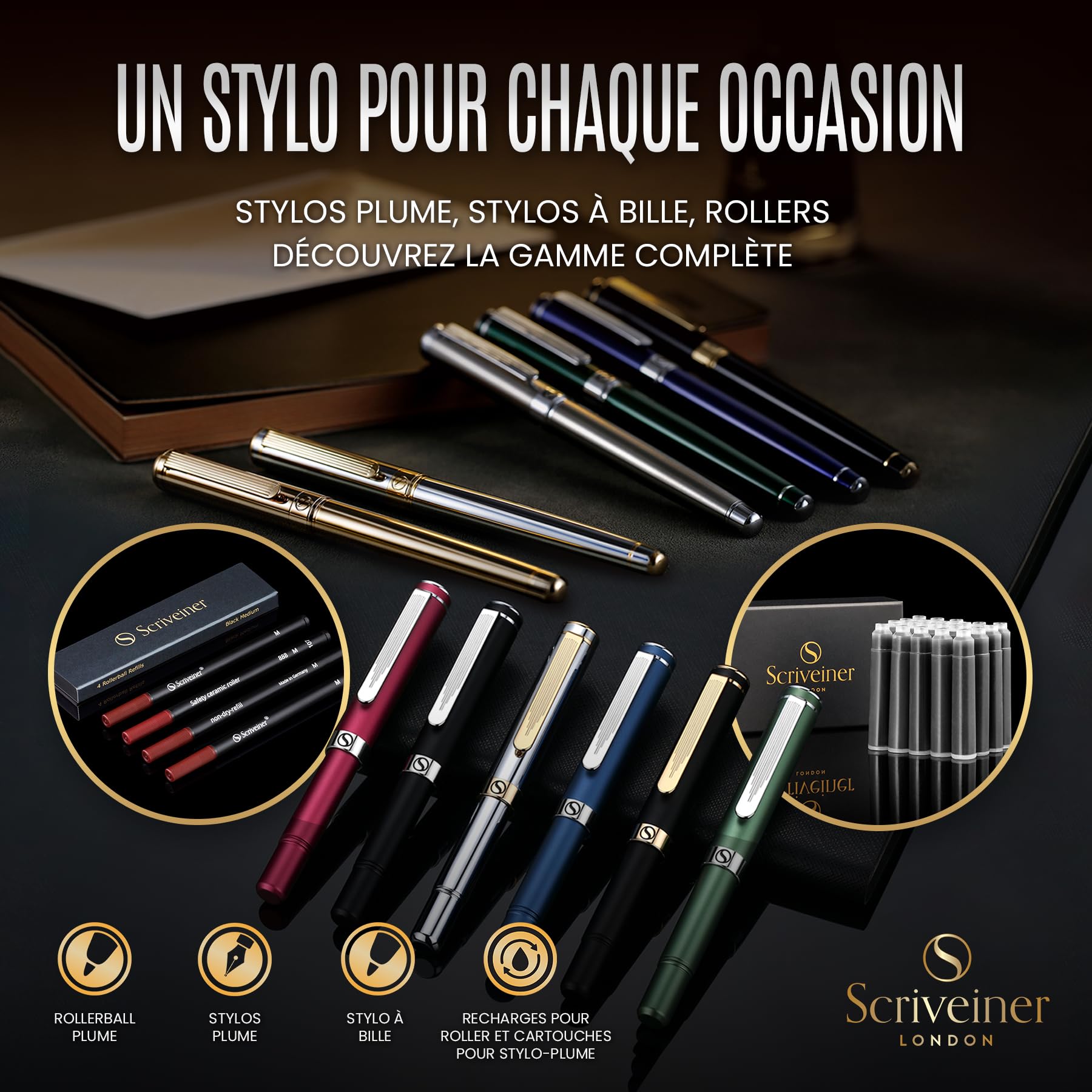 Scriveiner Stylo Roller en Acier Inoxydable - Superbe stylo de luxe en métal avec finition chromée argentée, recharge d'encre Schmidt, meilleur coffret cadeau pour homme et femme
