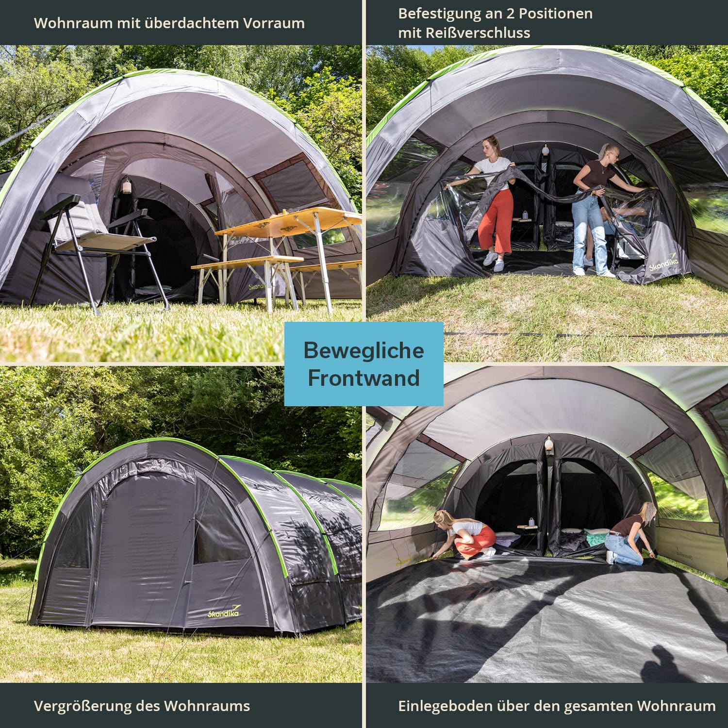 Skandika Tunnelzelt Kemi für 4 Personen | Camping Zelt, 2 Schlafkabinen, 2 m Stehhöhe, wasserfest, 3000 mm Wassersäule, Frontwand versetzbar, Vorzelt | Campingzelt, Familienzelt