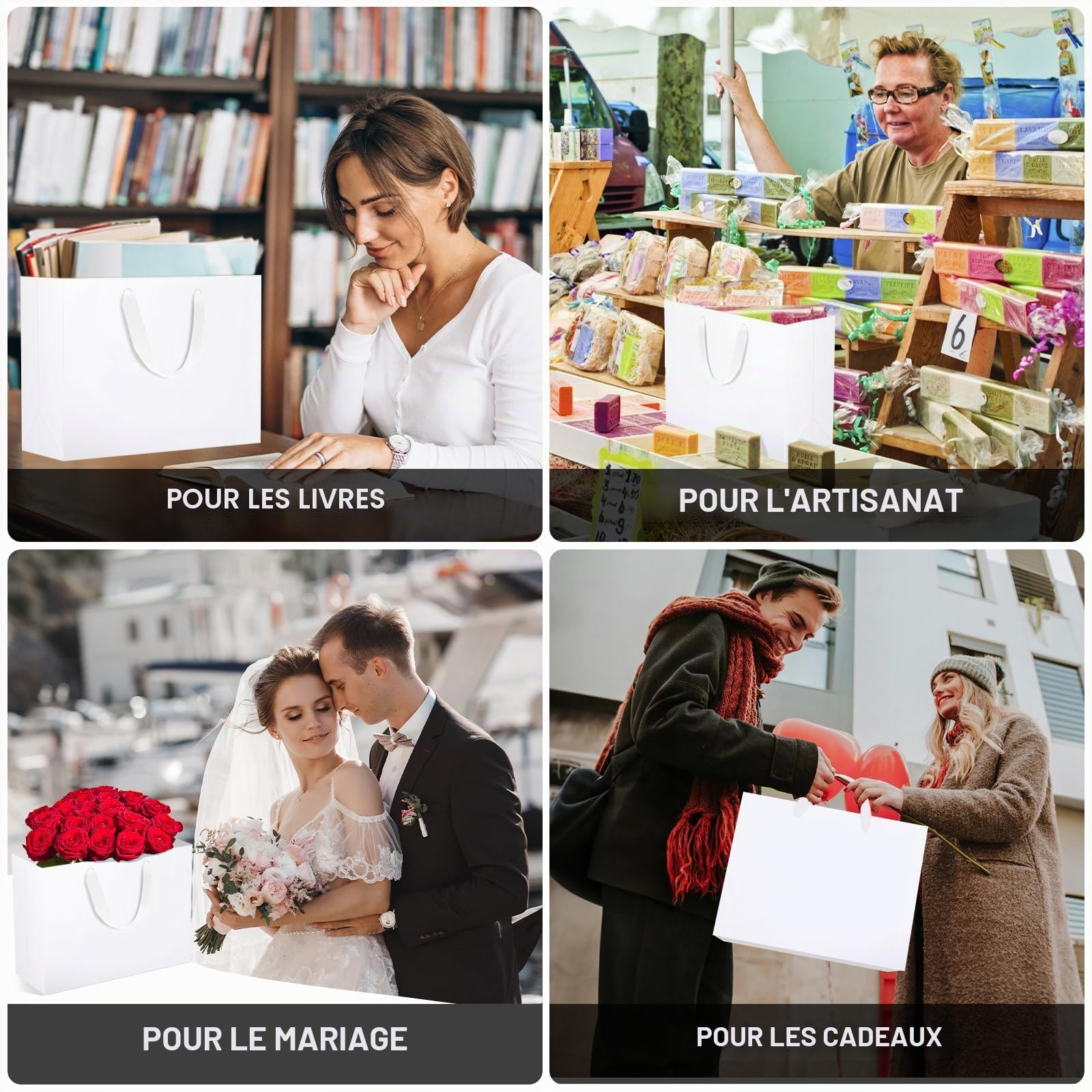 EUSOAR Sac en Papier Blanc, 20Pcs Sacs Kraft avec Poignées XL 40x30x15cm | Pochettes Cadeau Blanches, Gift Bags pour Anniversaire Homme Noël Mariage Emballage
