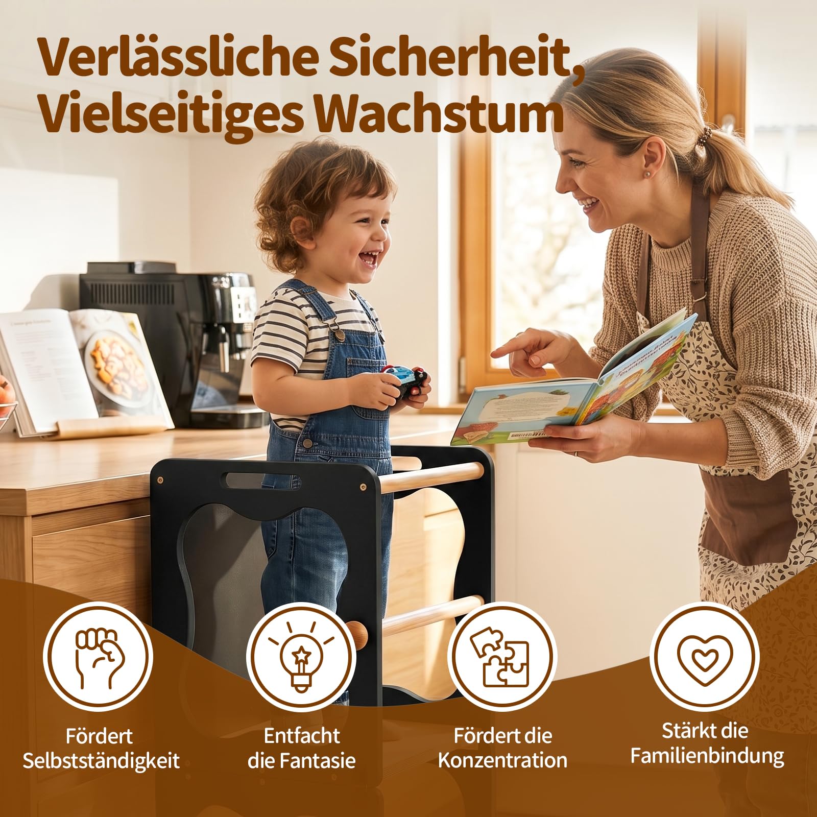 COSYLAND Lernturm Kinder 3in1 Küchenhelfer mit Tafel & Geländer Schwarz | Stabiler Küchenhelfer, wandelbar zu Tisch & Stuhl. Ideal für Lernen, Spielen und Küche. Sicher und zuverlässig.