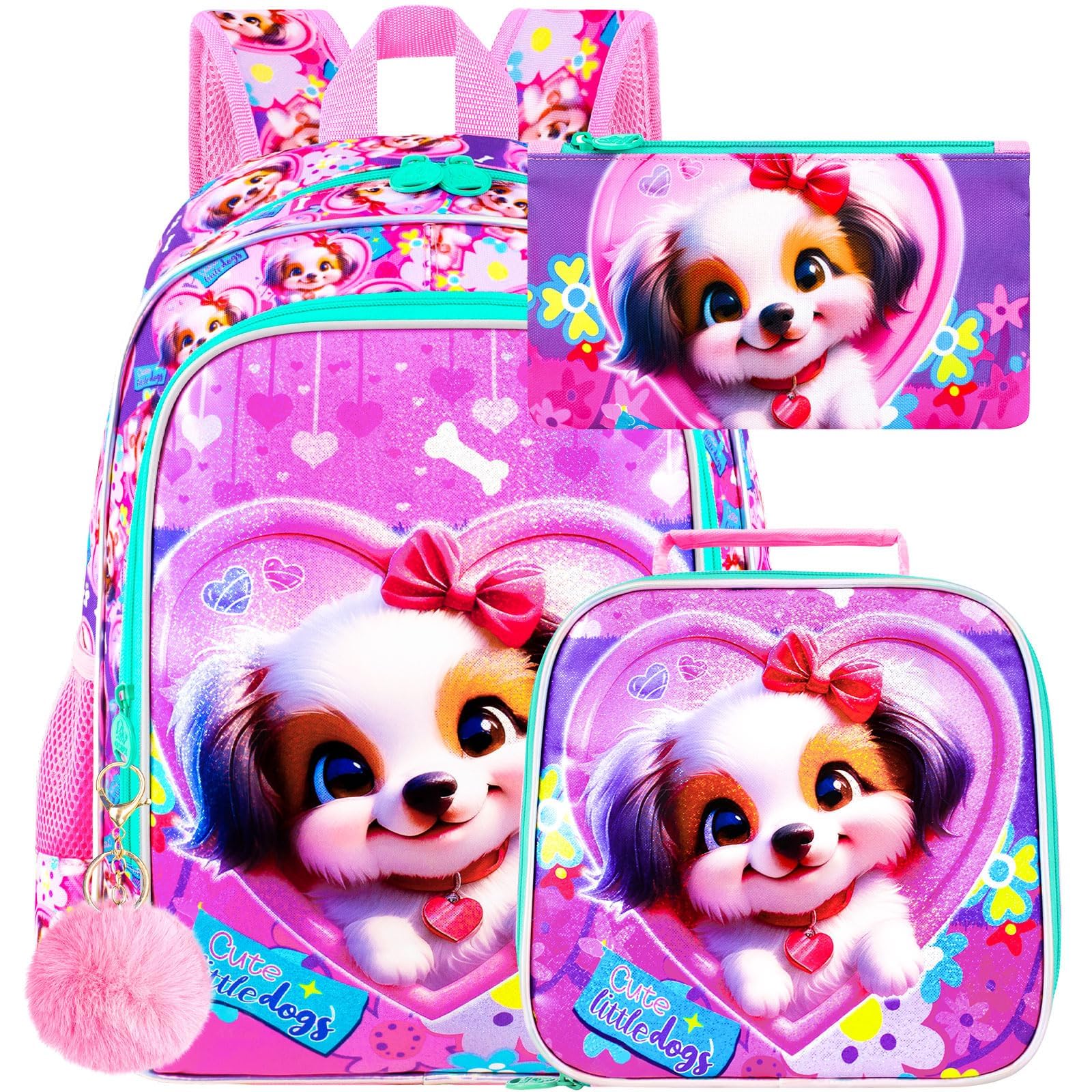 3PCS Girls Backpack, Kids Water Resistant Heart Bookbag Set with Lunch Box, Cute Kids School Bag for Preschool Toddler