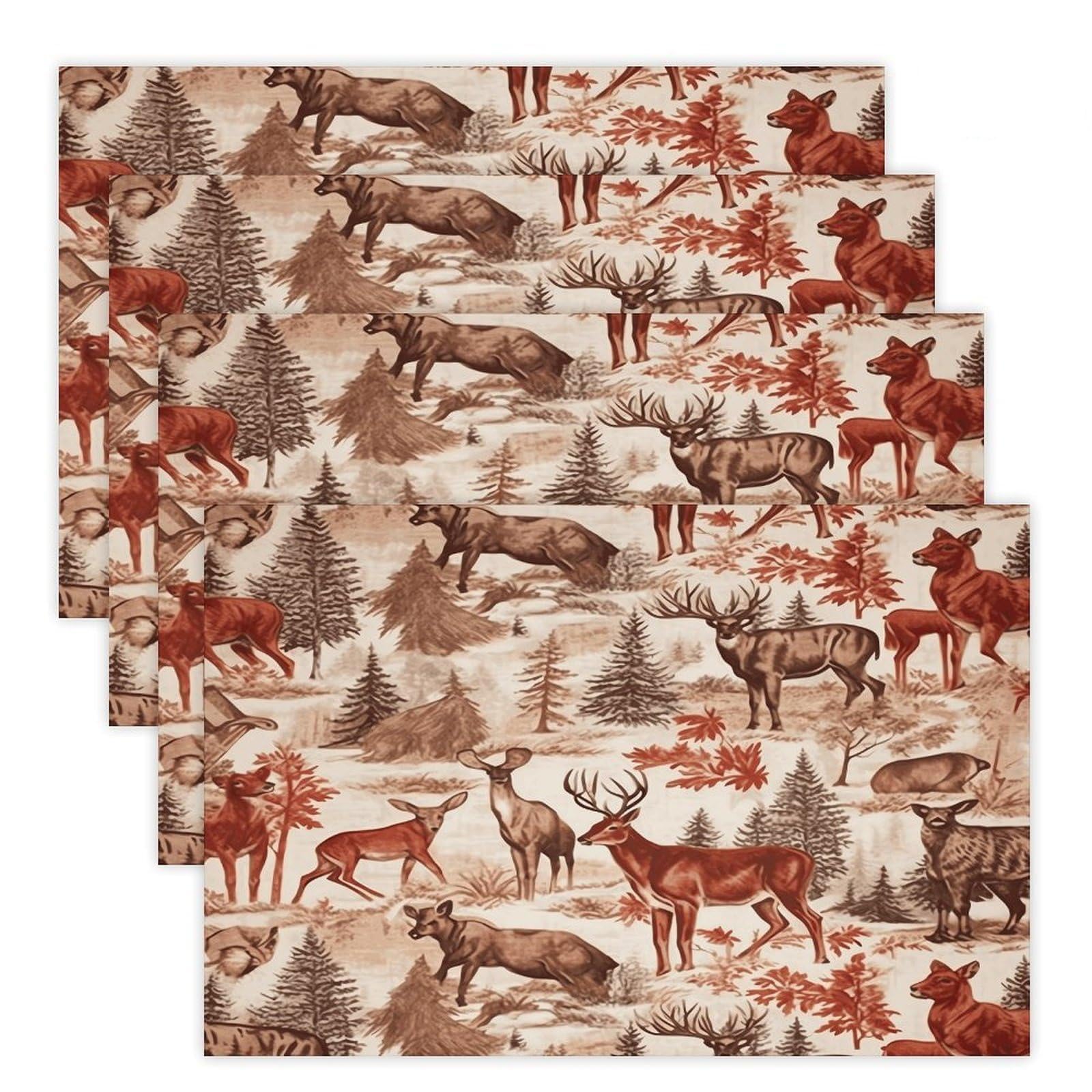 Animal Wilderness Bear Deer Placemats Non-Slip Heat Resistant Table Mats Flax Washable Cloth Place Mats Easy to Clean Premium Placemat for Kitchen Dining Table Decor Party Outdoor