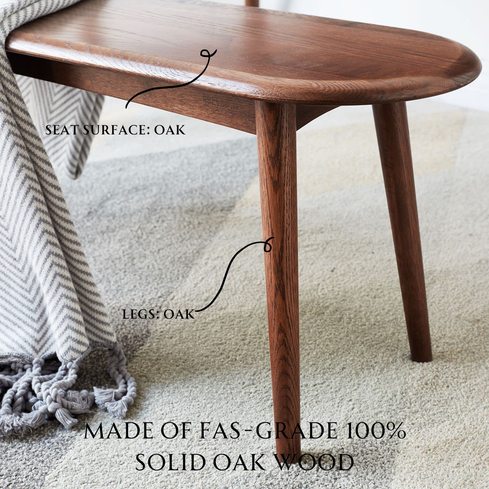 100% Solid Oak Indoor Dining Bench, Wood Bench for End of Bed with Safety Rounded Corners, Entryway Benches for Farmhouse, Kitchen, Living Room(Walnut,12" L x 39.5" W x 16.2" H)