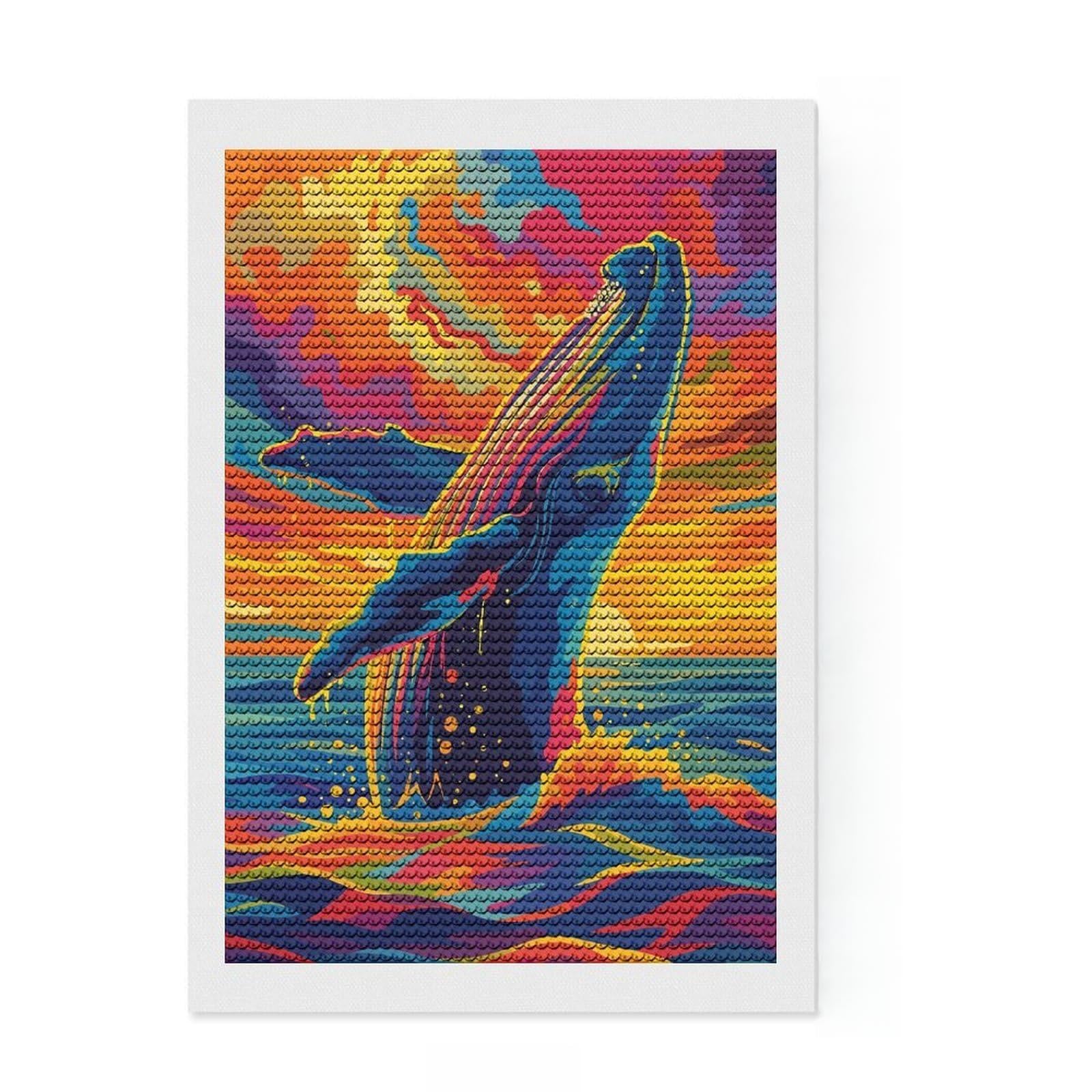Junmoney Colorful Whale Breaching at Sunset Round Drill Diamond Painting 8"x12", for Family Craft Time, Printed Canvas, Bedroom Decor, Birthday Gift