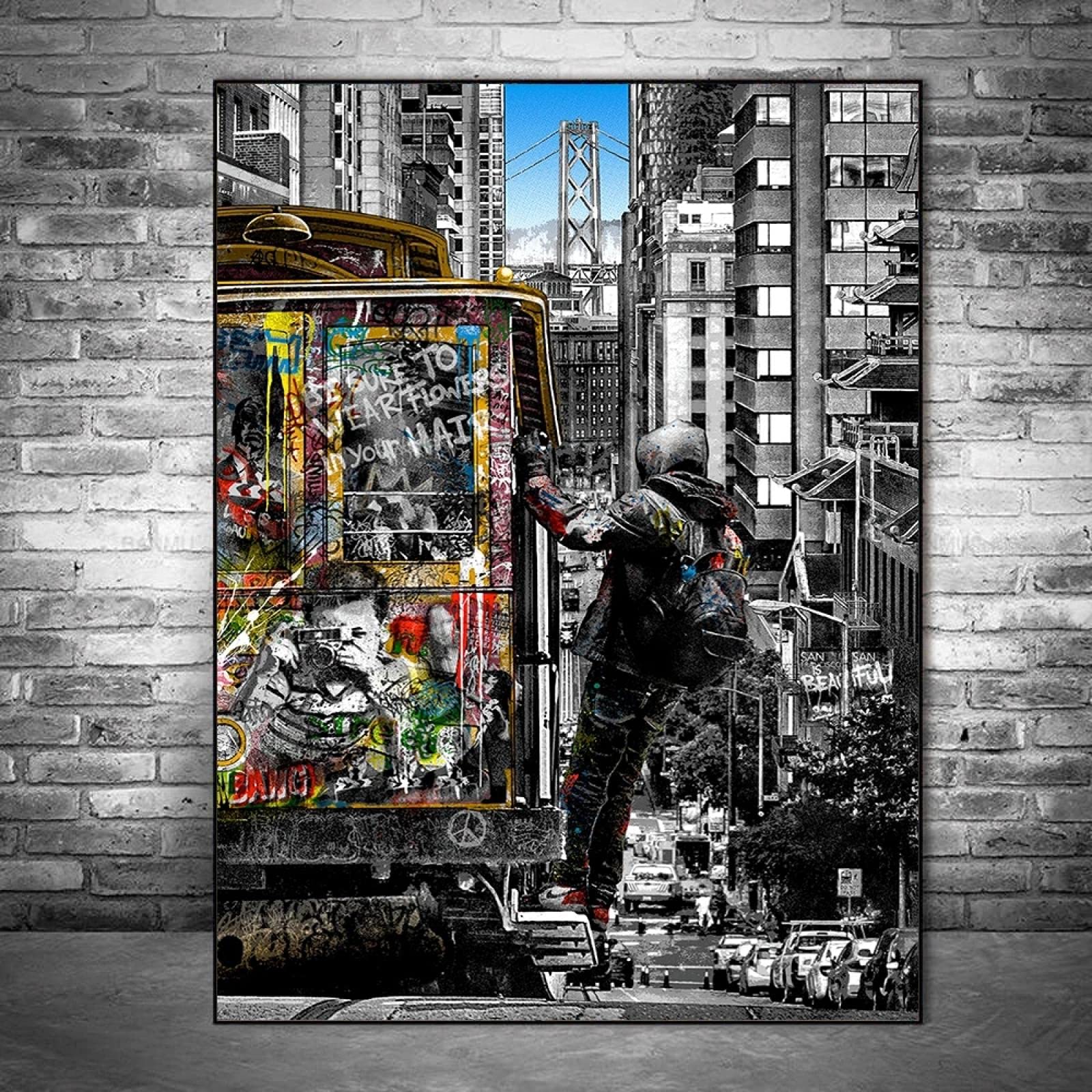 Amazon.co.jp: モダングラフィティアート都市風景キャンバス絵画