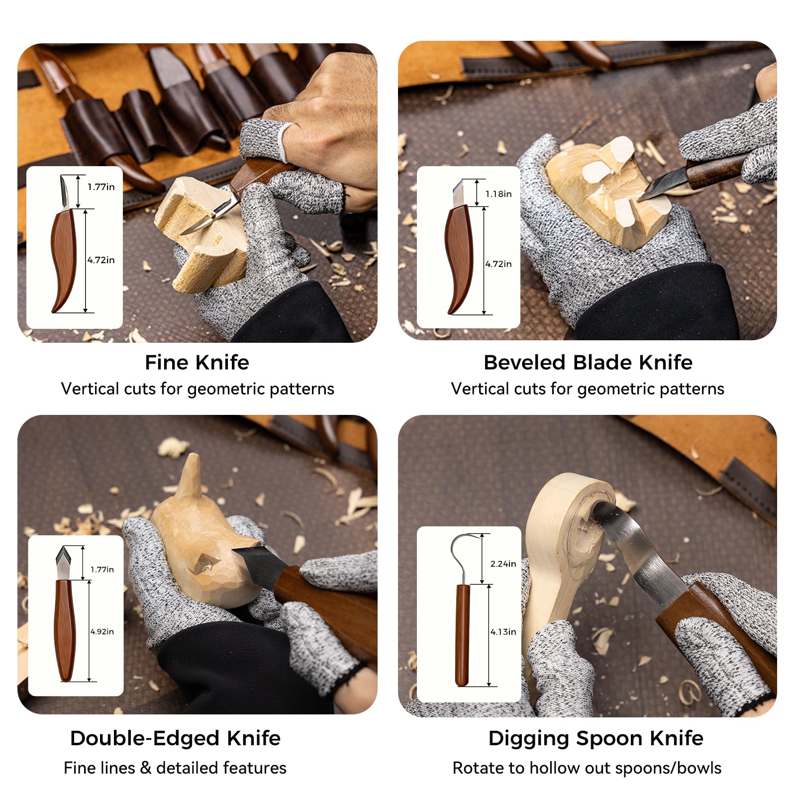 Kit de tallado de madera de 68 piezas para adultos y principiantes, 16 cuchillos y cinceles, 8 bloques de tilo, rollo de herramientas de cuero, guantes de seguridad, pinturas y plantillas, juego