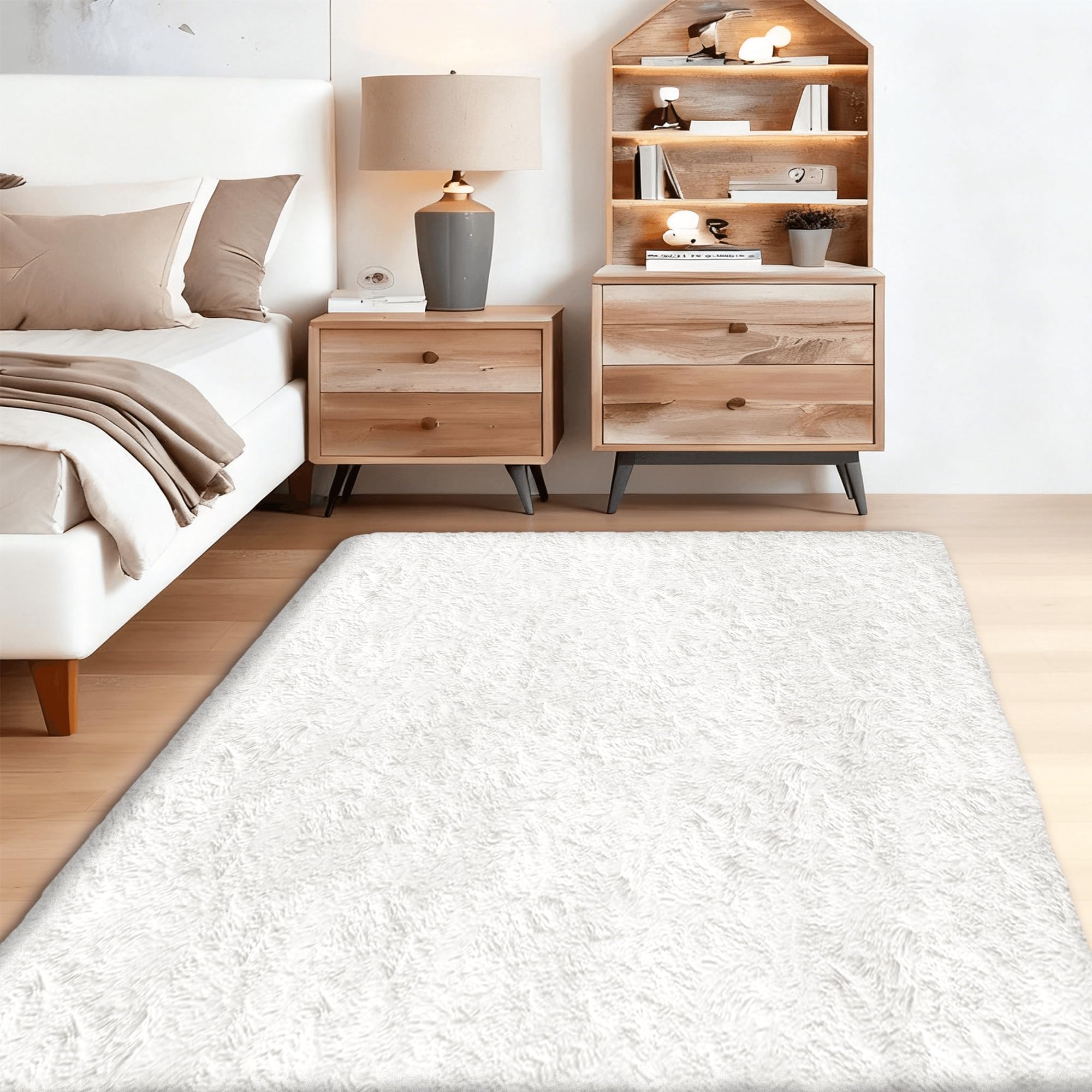 Tapis Moderne 200 x 240 cm Pelucheux Tapis Ultra Doux Extra Large, Moelleux et Moderne pour Chambre avec Dessous Antidérapant, Blanc