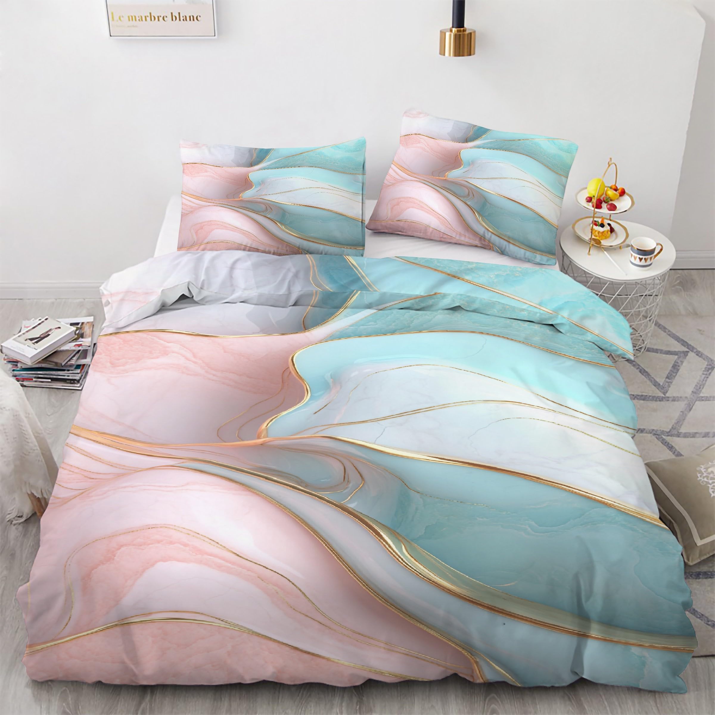 Housse de couette 240x260 marbre infroissable qui ne glisse pas grâce au zip