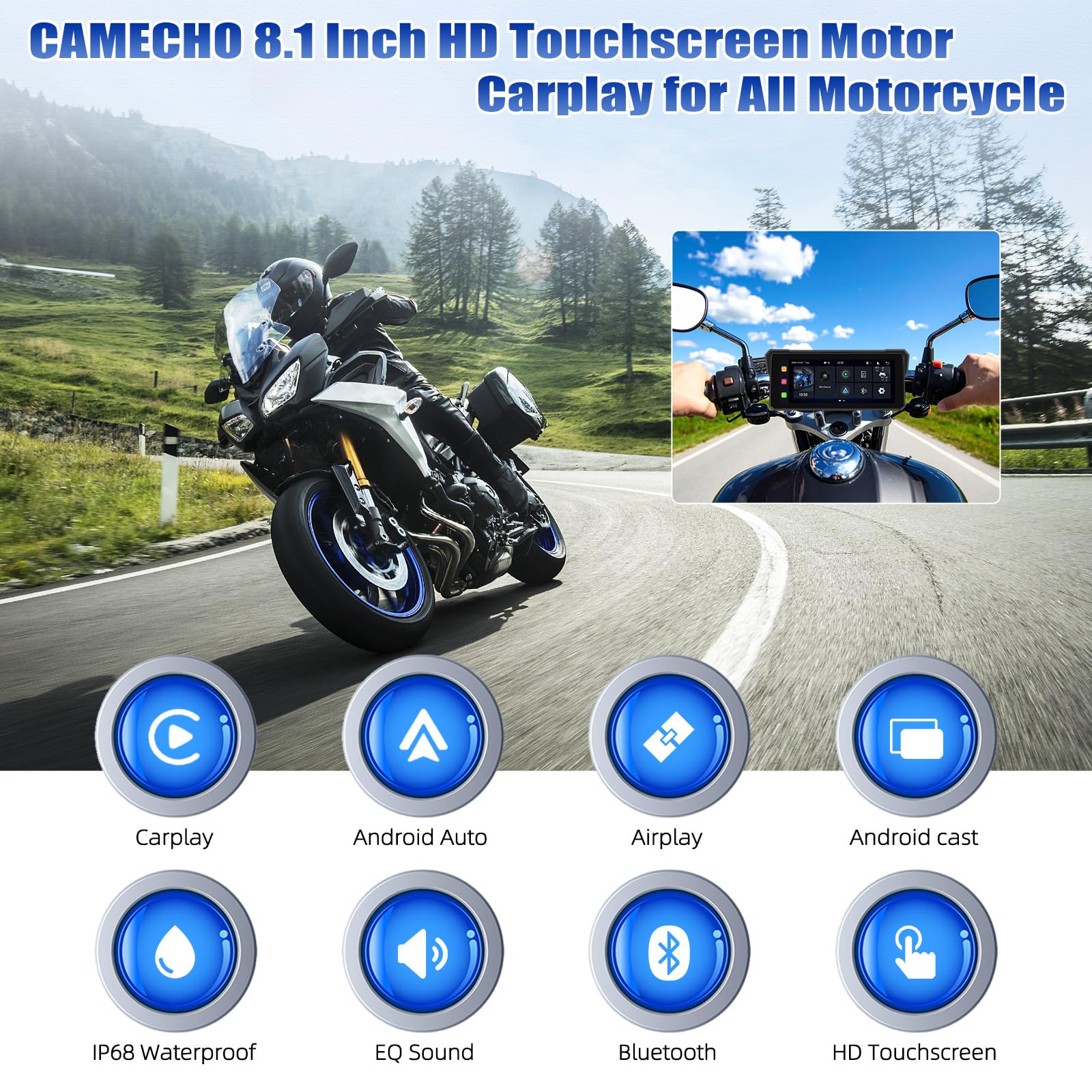 [2025] CAMECHO Senza Fili Carplay 8.1 Pollice Moto Schermata con Android Auto IP68 impermeabile, Touchscreen Navigatore con Bluetooth Airplay Android Cast EQ Suono Ampia Adattabilità +1600 * 600 HD