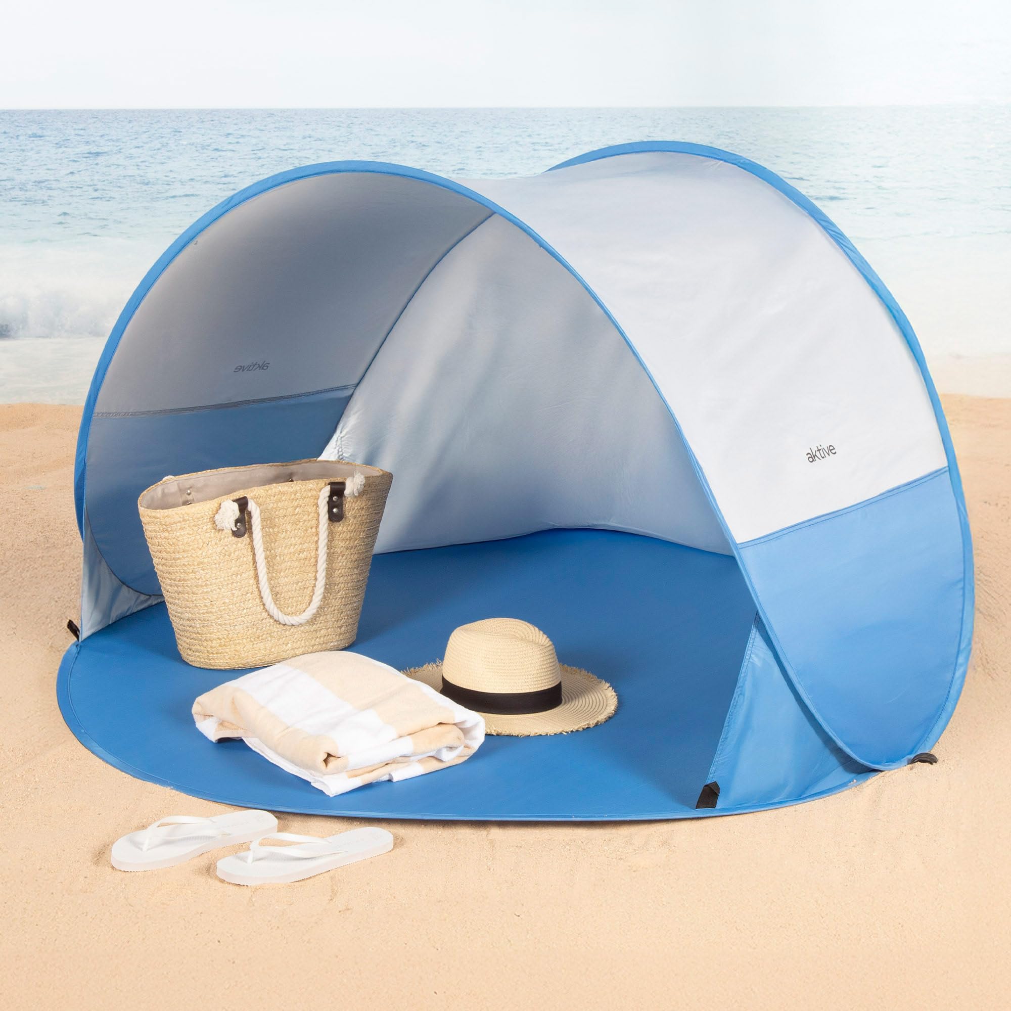 AKTIVE Tienda Playa Pop up, Azul, 148x148x90 cm, Revestimiento Plateado, Protección UV50, Incluye 4 piquetas, Poliéster, Paravientos Plegable, Bolsa Transporte, Refugio Pesca (62529)