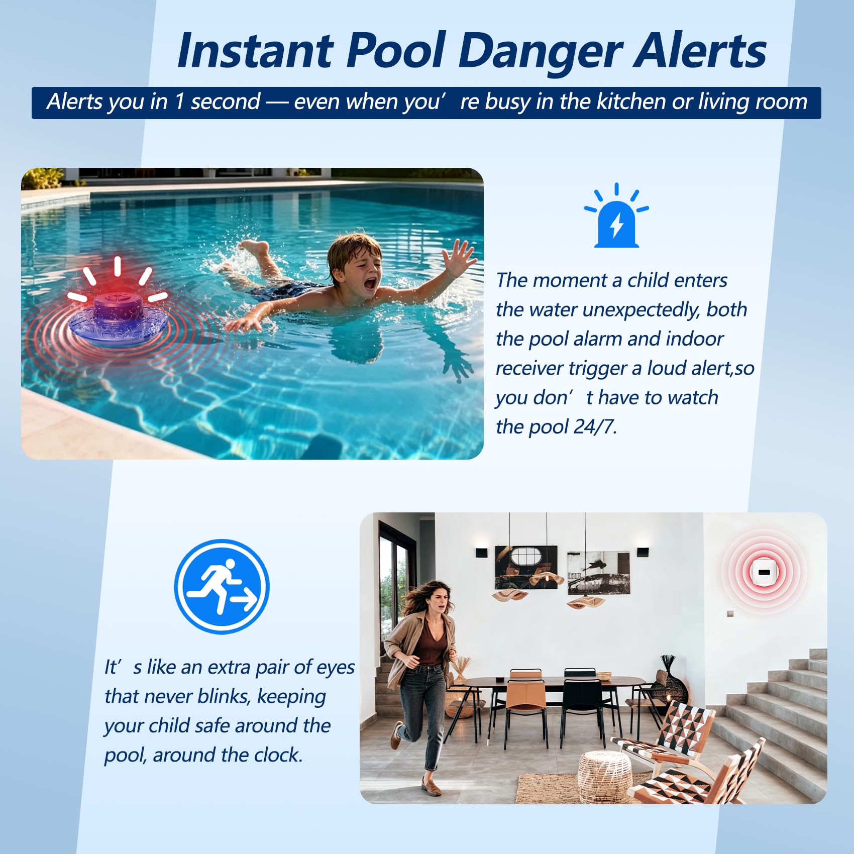 Alarma de alberca, alarma de seguridad flotante para piscinas enterradas y sobre el suelo, seguridad para niños y mascotas, receptor interior, alarmas dobles de 110 dB, rango inalámbrico de 260 pies