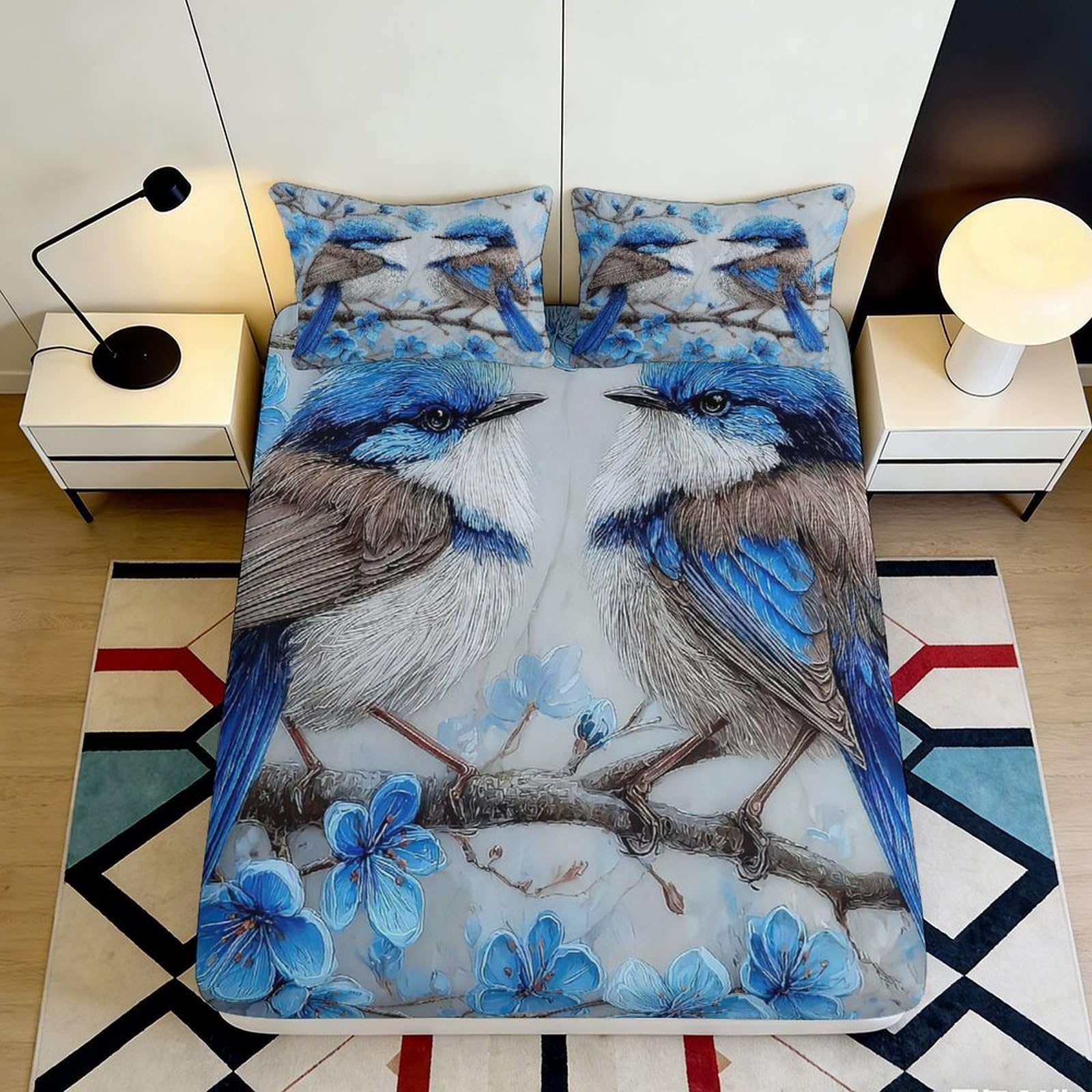 3D Printed Blue Bird Blossom Fitted Sheet Microfiber Soft Breathable Nature Bed Cover for Bedroom Dorm Decor 90x200x25cm
