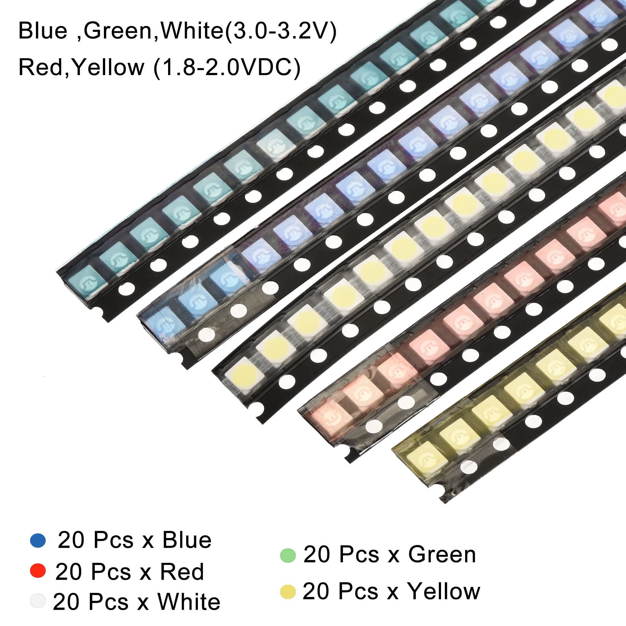 PATIKIL 3528 Surface Mounted Devices x 5 Colors LED Lighting Bulbs, 100Pcs Light Emitting Diode Kit for Electronic Home Appliances