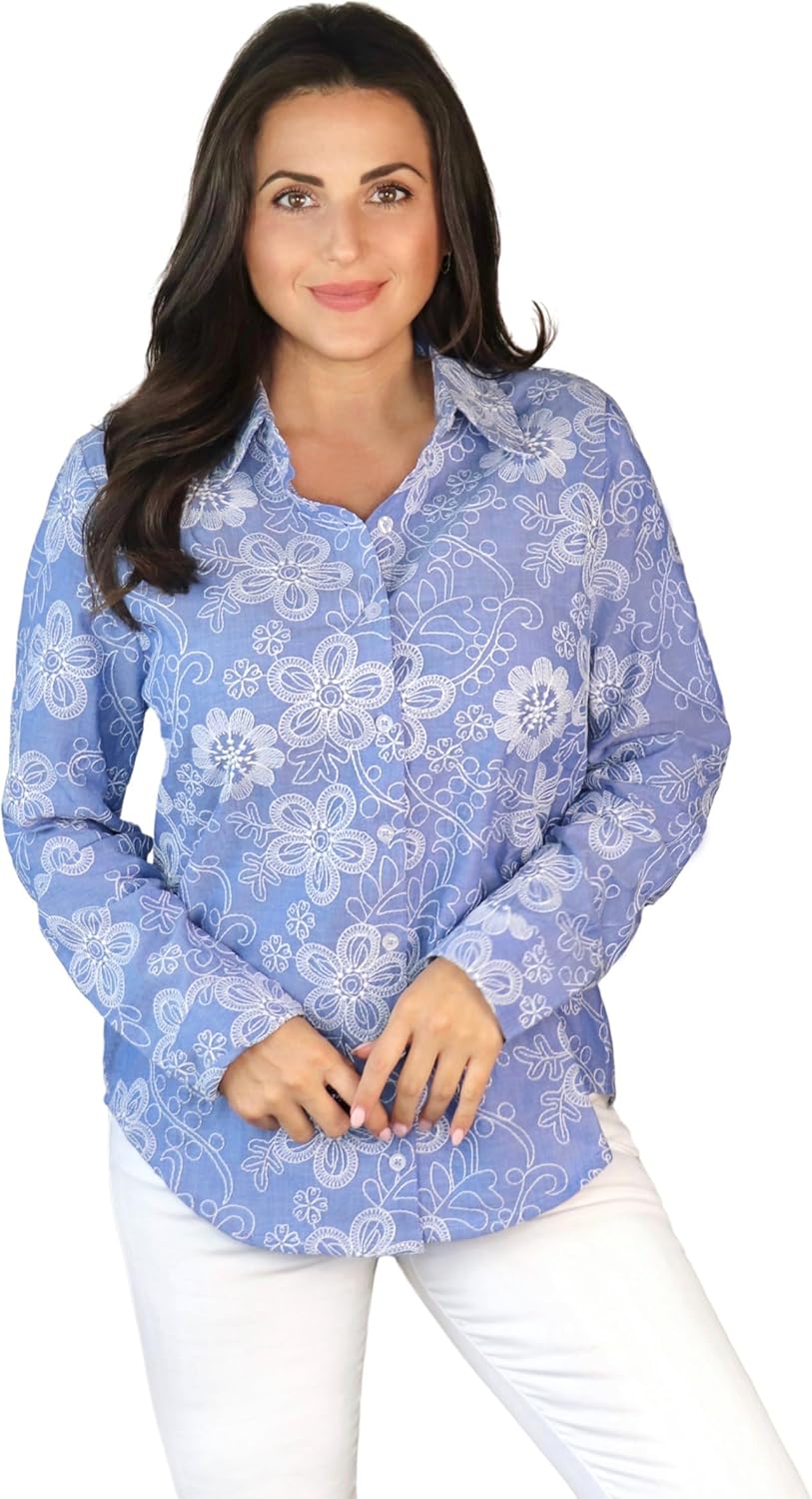 Lightweight Embroidered Woven Blouse - Designer Hand-Finished Shirts for Women