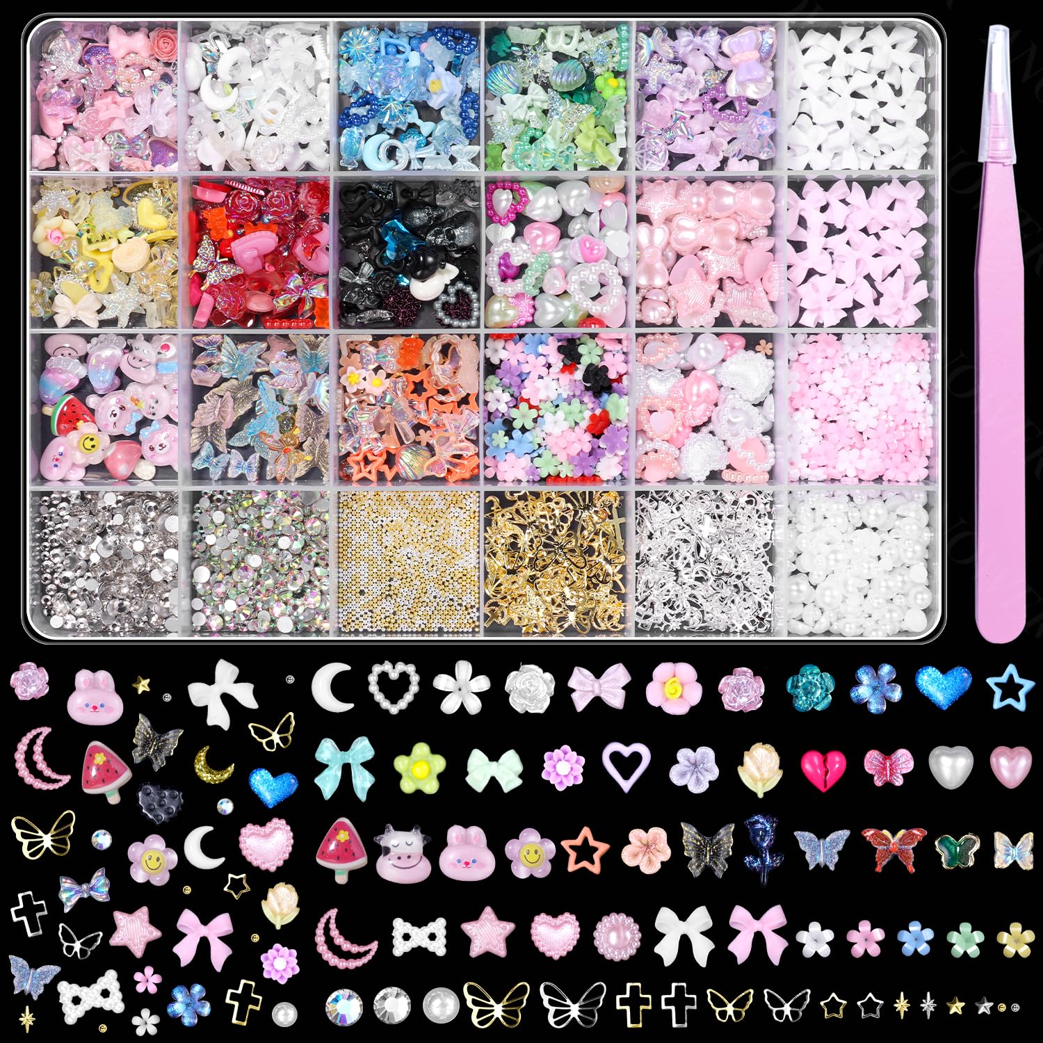 3D Nail Charms and Gems Mix Styles Butterfly Flower Bow Heart Colorful Assorted Nail Art Charm for Acrylic Nails Design, Pearls Nails Charms with