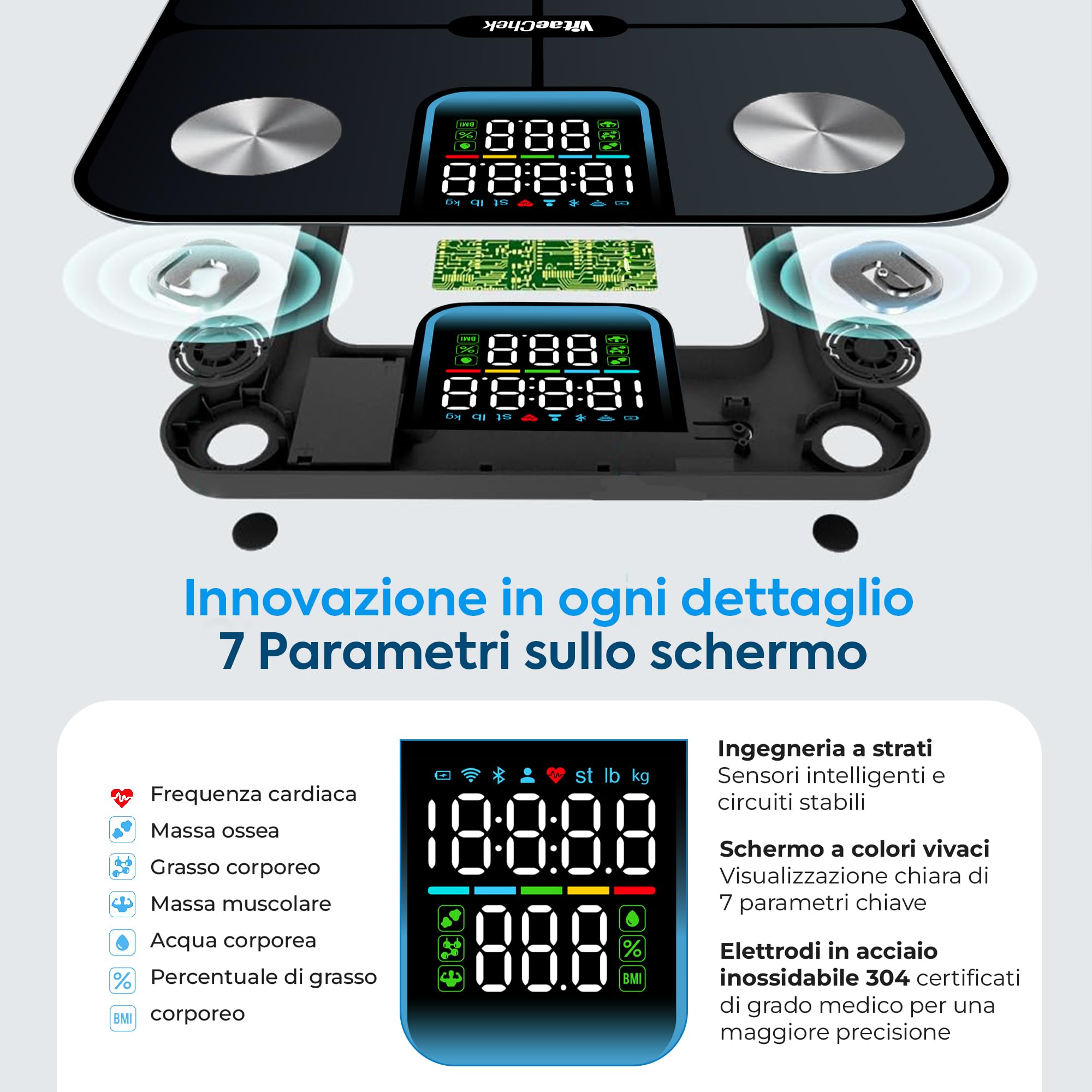 Bilancia Pesapersone Digitale Intelligente 180Kg Bluetooth con App, Impedenziometrica Professionale con Elettrodi in Acciaio Inossidabile, Display LED e 25 Indicatori Corporei
