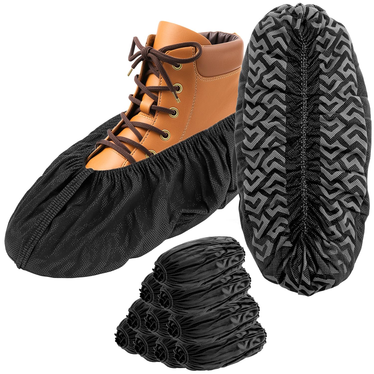 QWORK 100 Pezzi Copriscarpe Monouso Neri XL, Calzari in Tessuto Non Tessuto Suola Antiscivolo