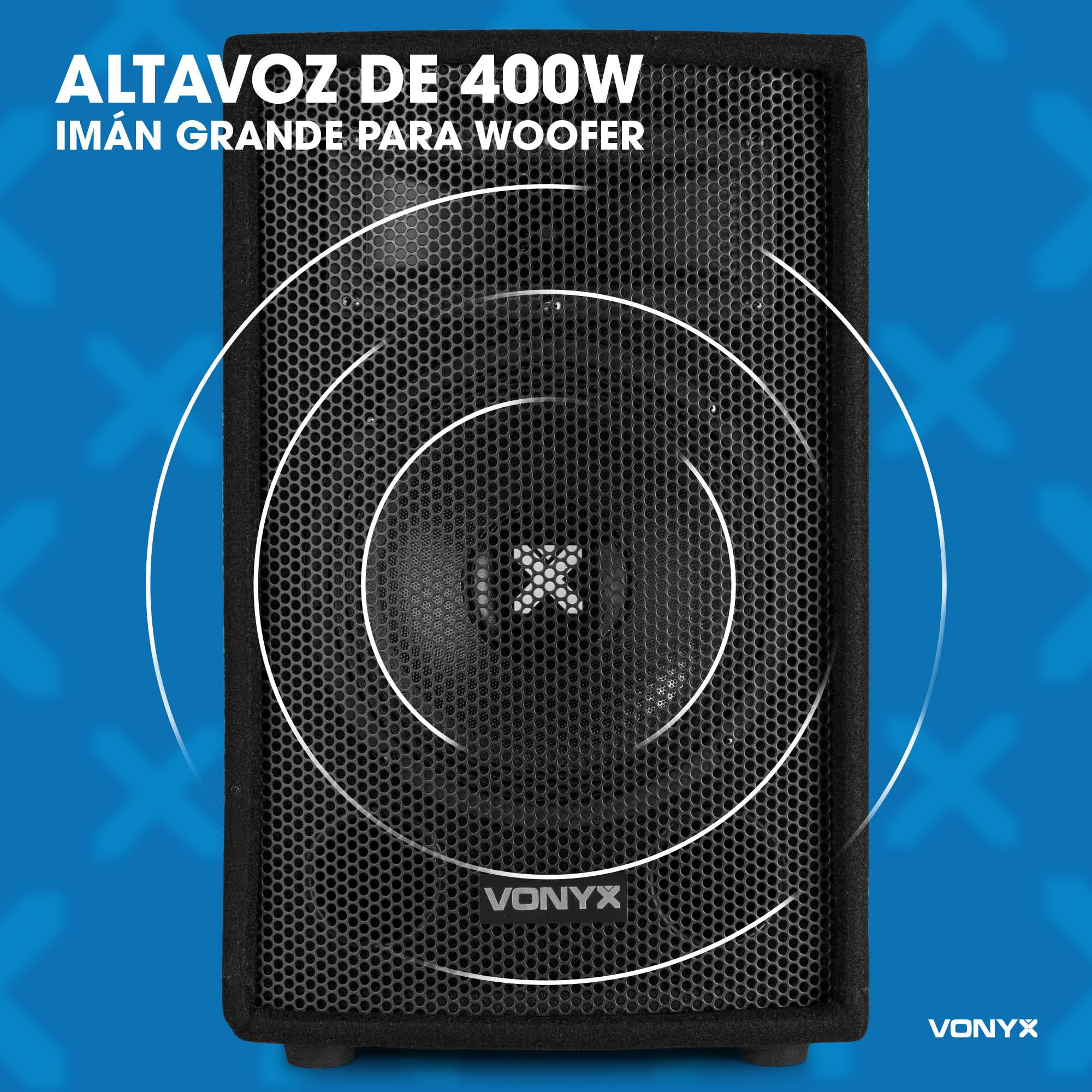 Vonyx VPS082A - Sistema de Sonido PA 800W con Mezclador Amplificado de 8 Canales, Bluetooth, Altavoces pasivos de 8” y trípodes incluidos, Ideal para músicos, DJs y presentaciones en Directo