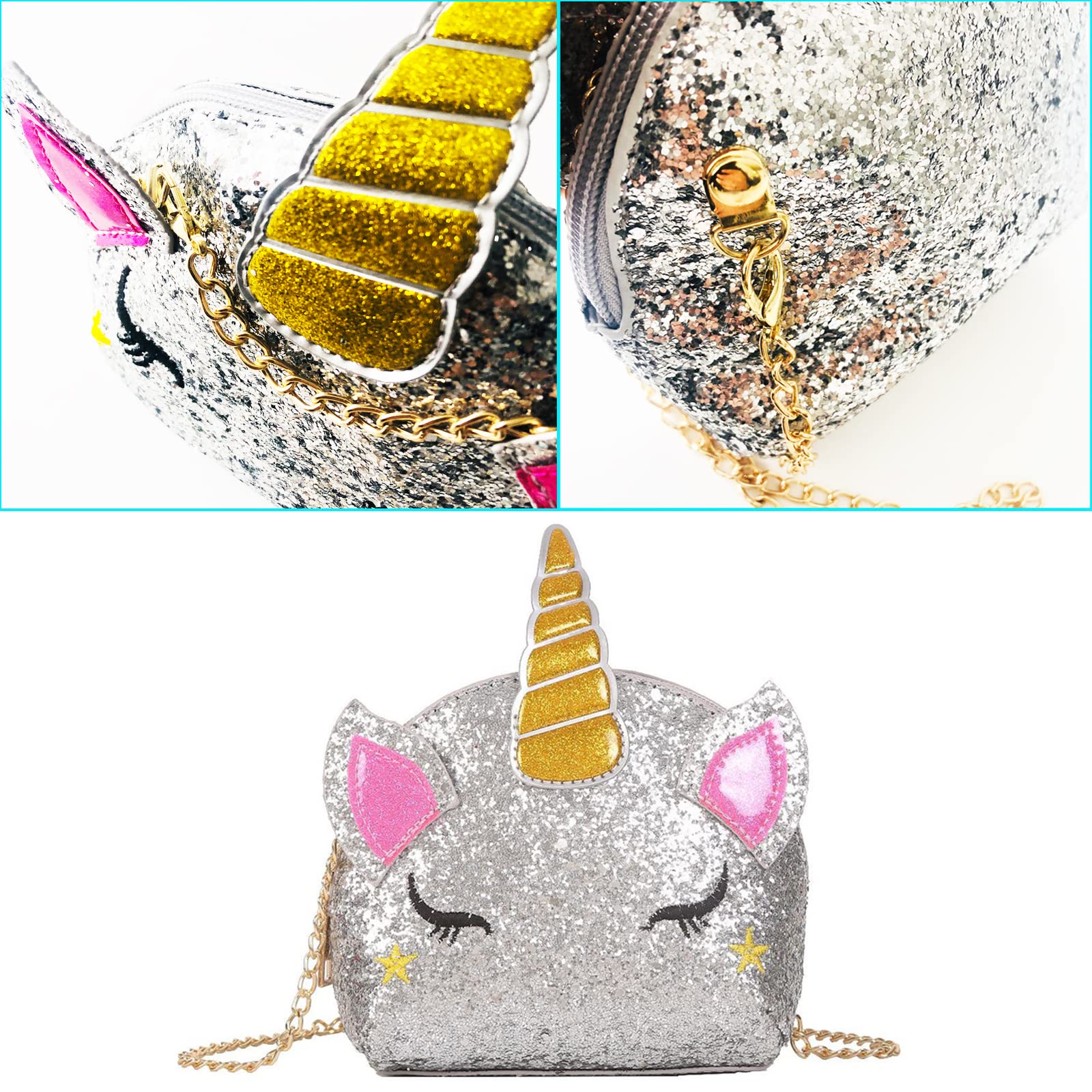 Borsa a Tracolla unicorno, Borsa Unicorno Bianco, Simpatica borsa a tracolla con unicorno, Adatta per Rossetto, Cosmetici, Pettine, Fazzoletto e altri Piccoli Cosmetici (D'argento)