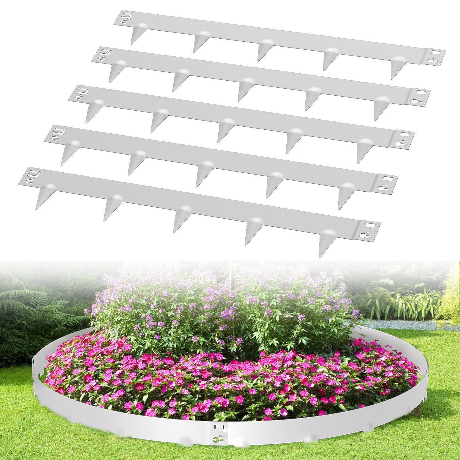 Monucep Rasenkante Metall Verzinkt, Rasenkante Mähkante Metall Mit Dornen, 5m 10m 15m 20m 25m 30m 35m 40m 45m 50m, Beeteinfassung Metall Kann für Garten, Silber (Länge 30m - Höhe 18cm)