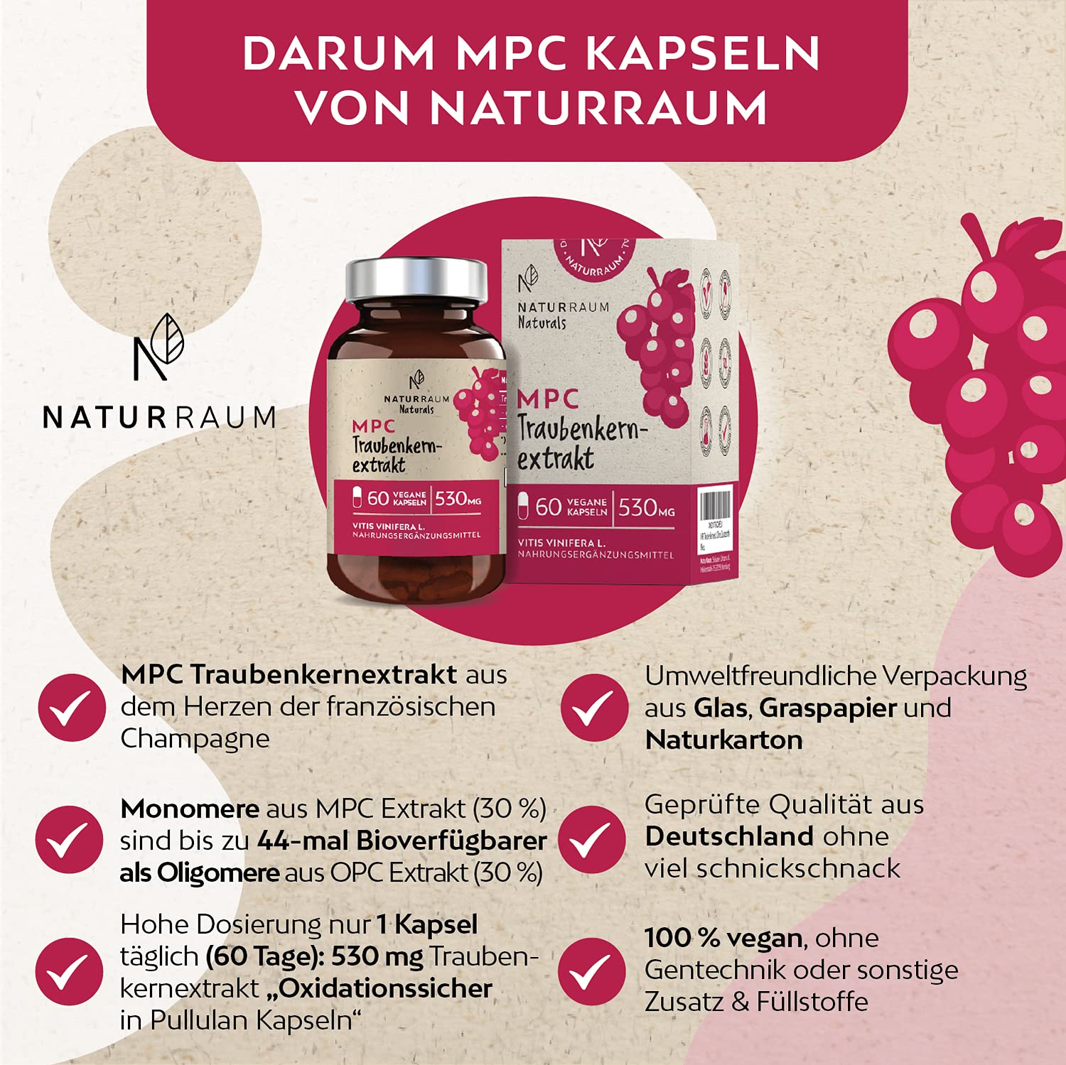 MPC Traubenkernextrakt Kapseln I 60 Stück im Glas I Vegan I 530 mg I 44-mal bioverfügbarer als OPC Traubenkernextrakt I Hochdosiert I Qualität aus der Champagne in Frankreich I Ohne Zusatzstoffe